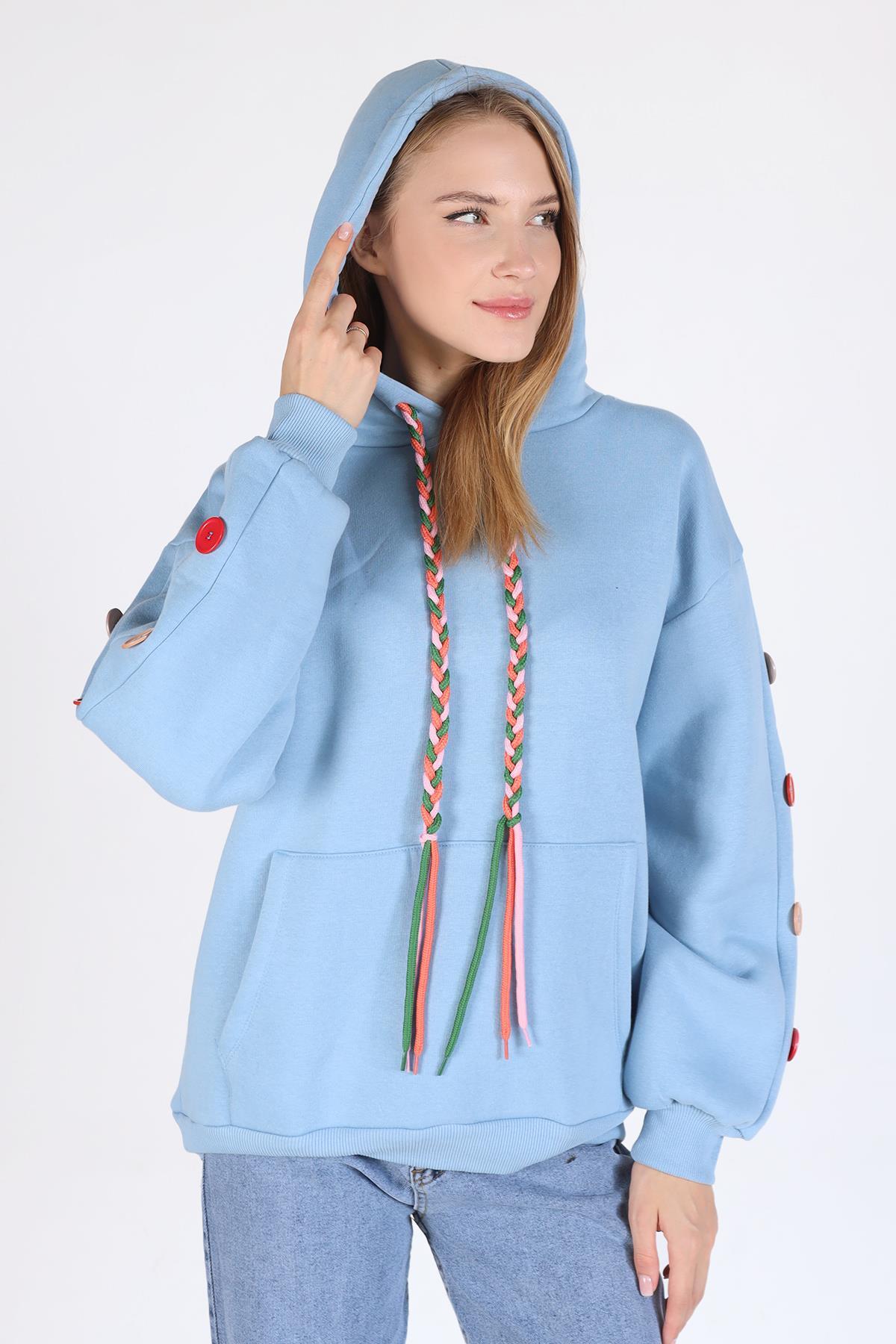 9148M Kol Düğme Detay Kapşonlü Sweat Bebe Mavi 