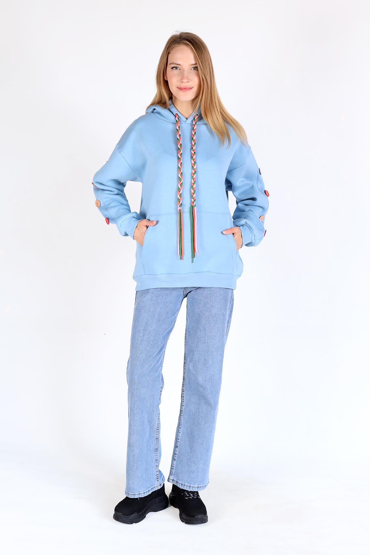 Bebe Mavi Kol Düğme Detay Kapşonlü Sweat 9148M - 2