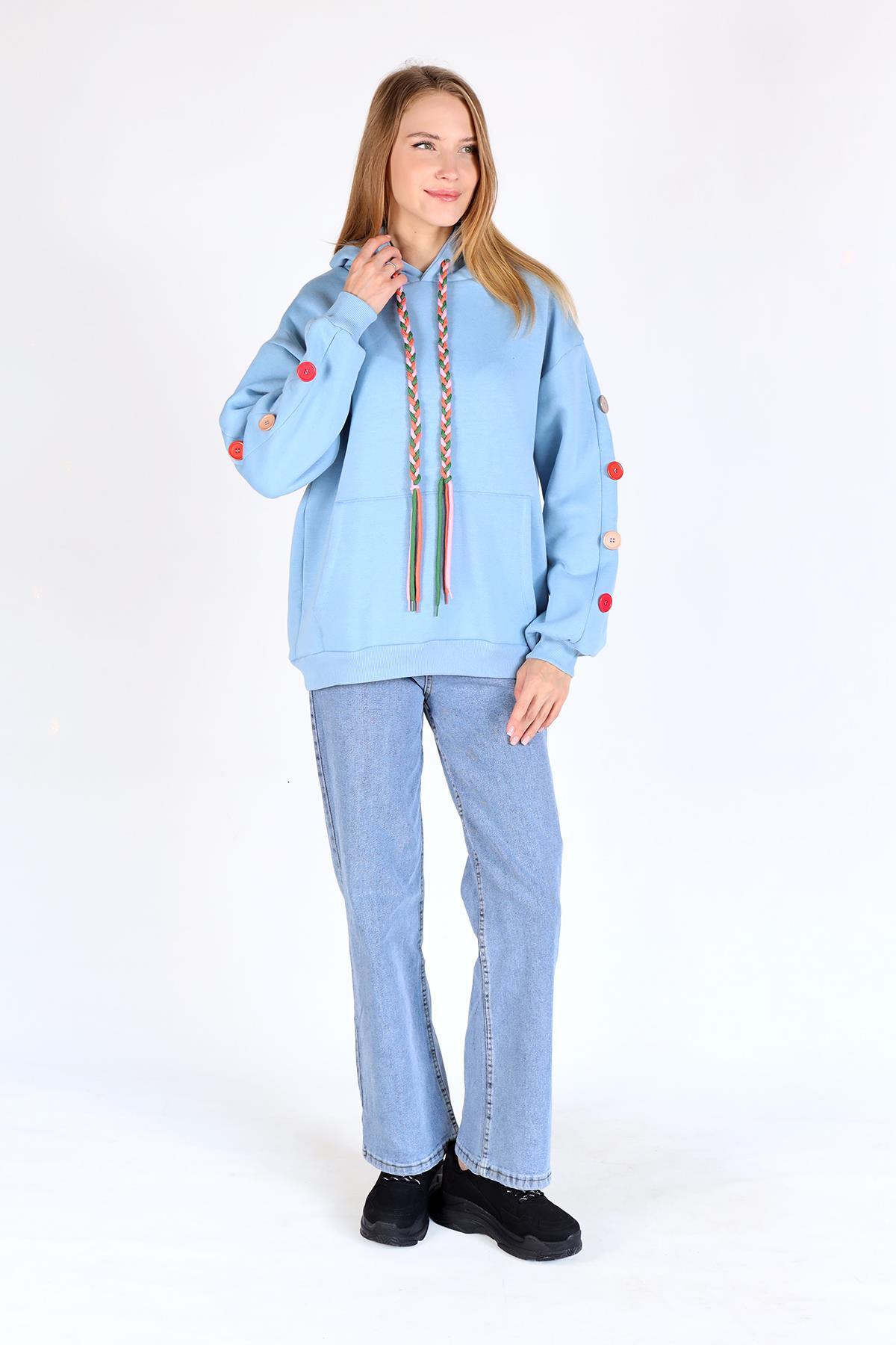 Bebe Mavi Kol Düğme Detay Kapşonlü Sweat 9148M - 6