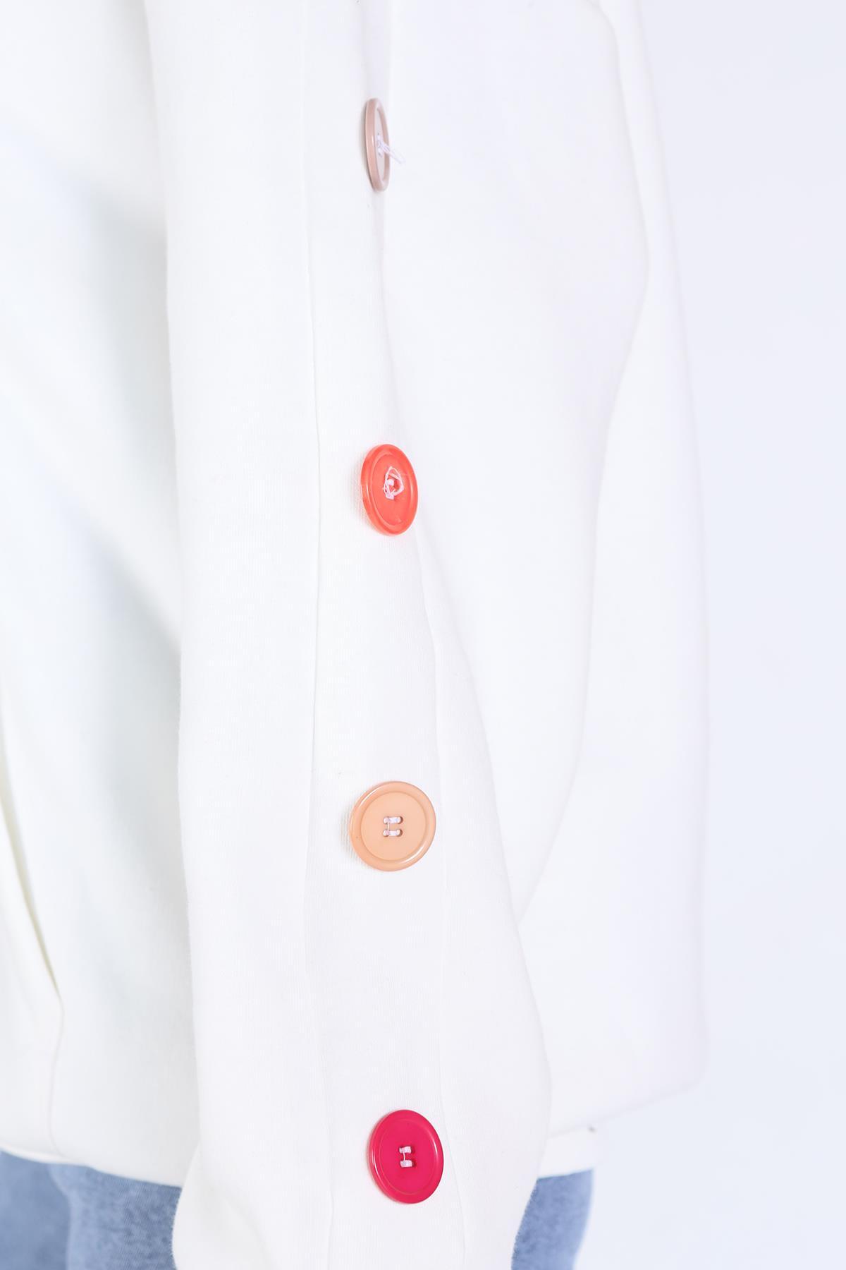 9148M Kol Düğme Detay Kapşonlü Sweat Ekru - 4