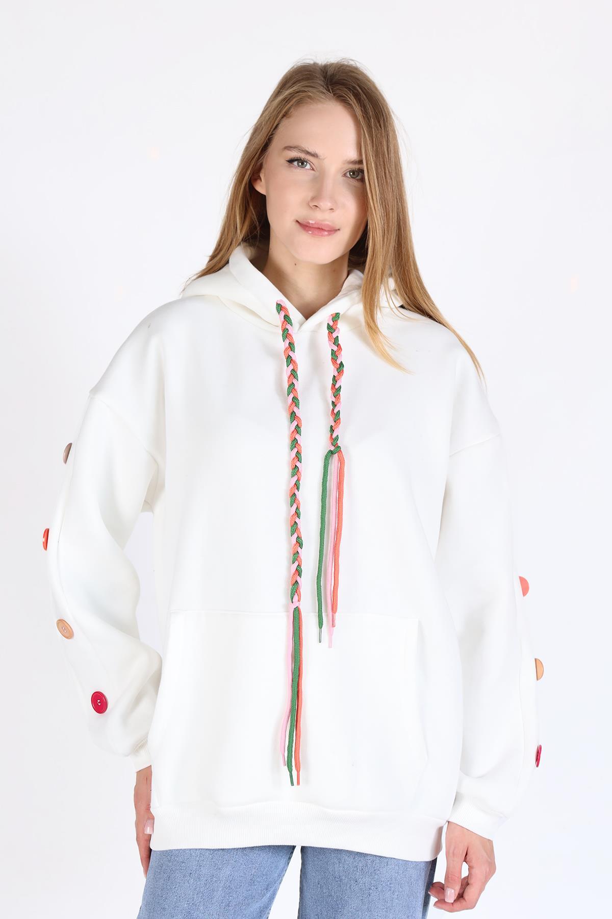 Ekru Kol Düğme Detay Kapşonlü Sweat 9148M - 6