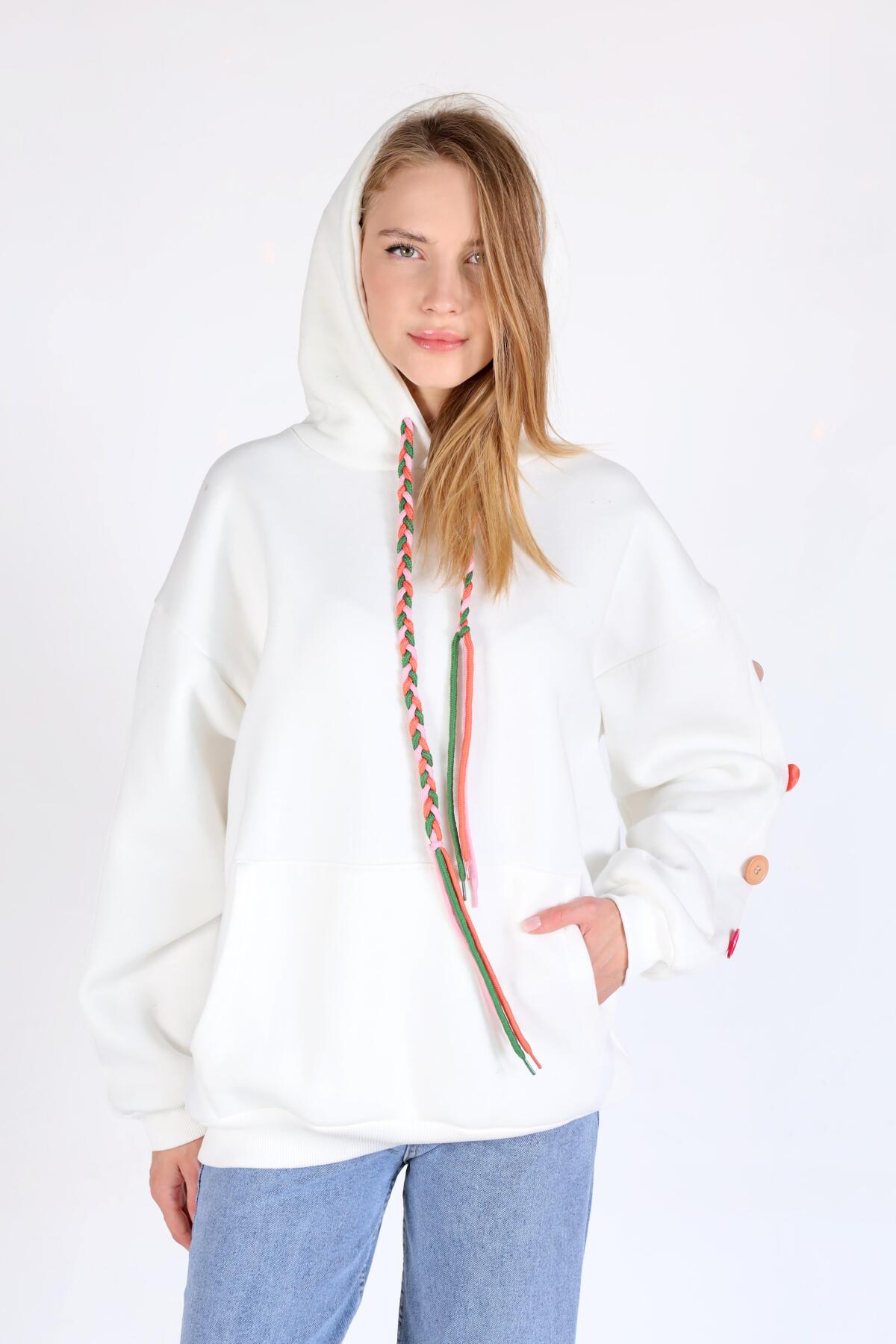 Ekru Kol Düğme Detay Kapşonlü Sweat 9148M - 7