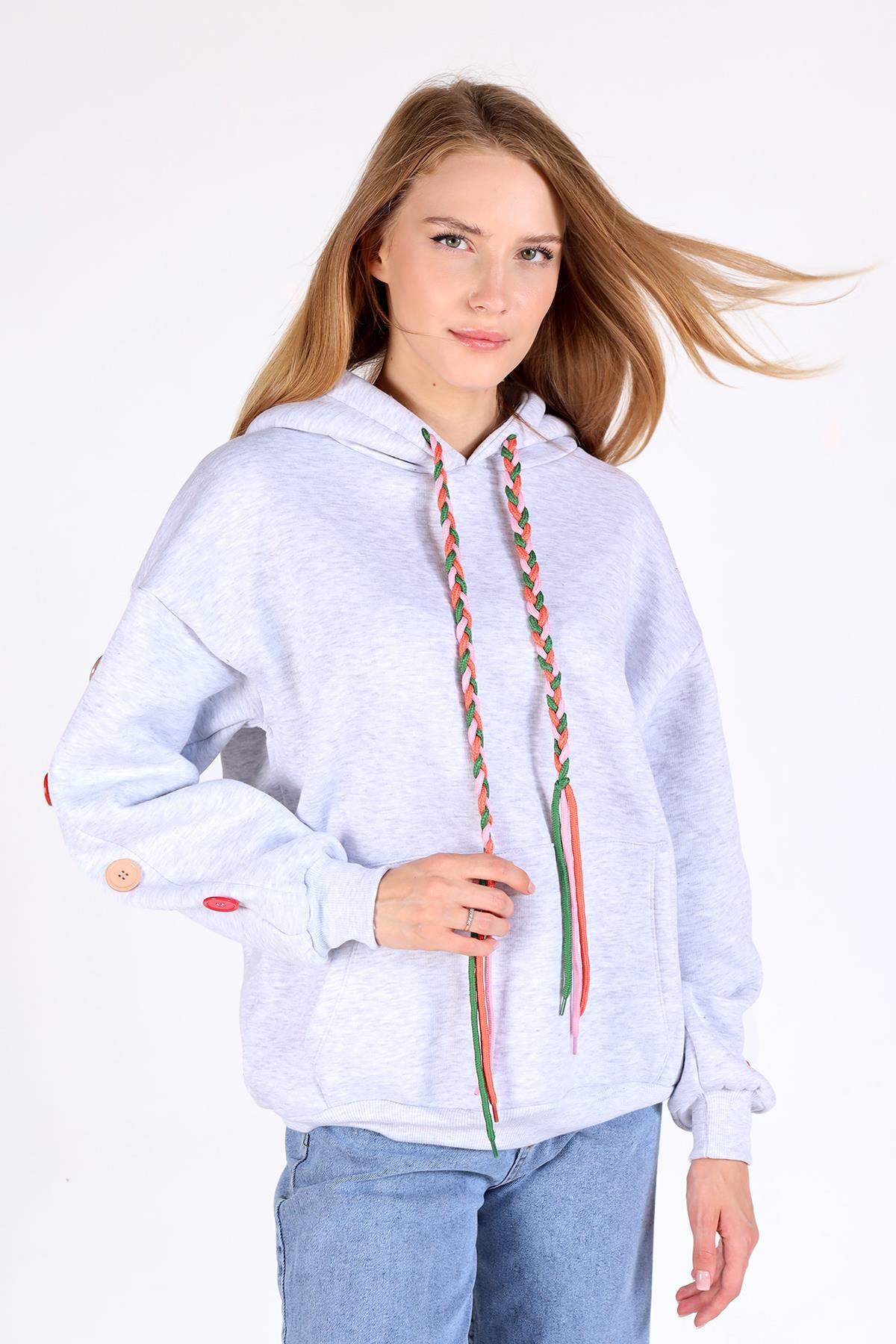 9148M Kol Düğme Detay Kapşonlü Sweat Karmelanj 