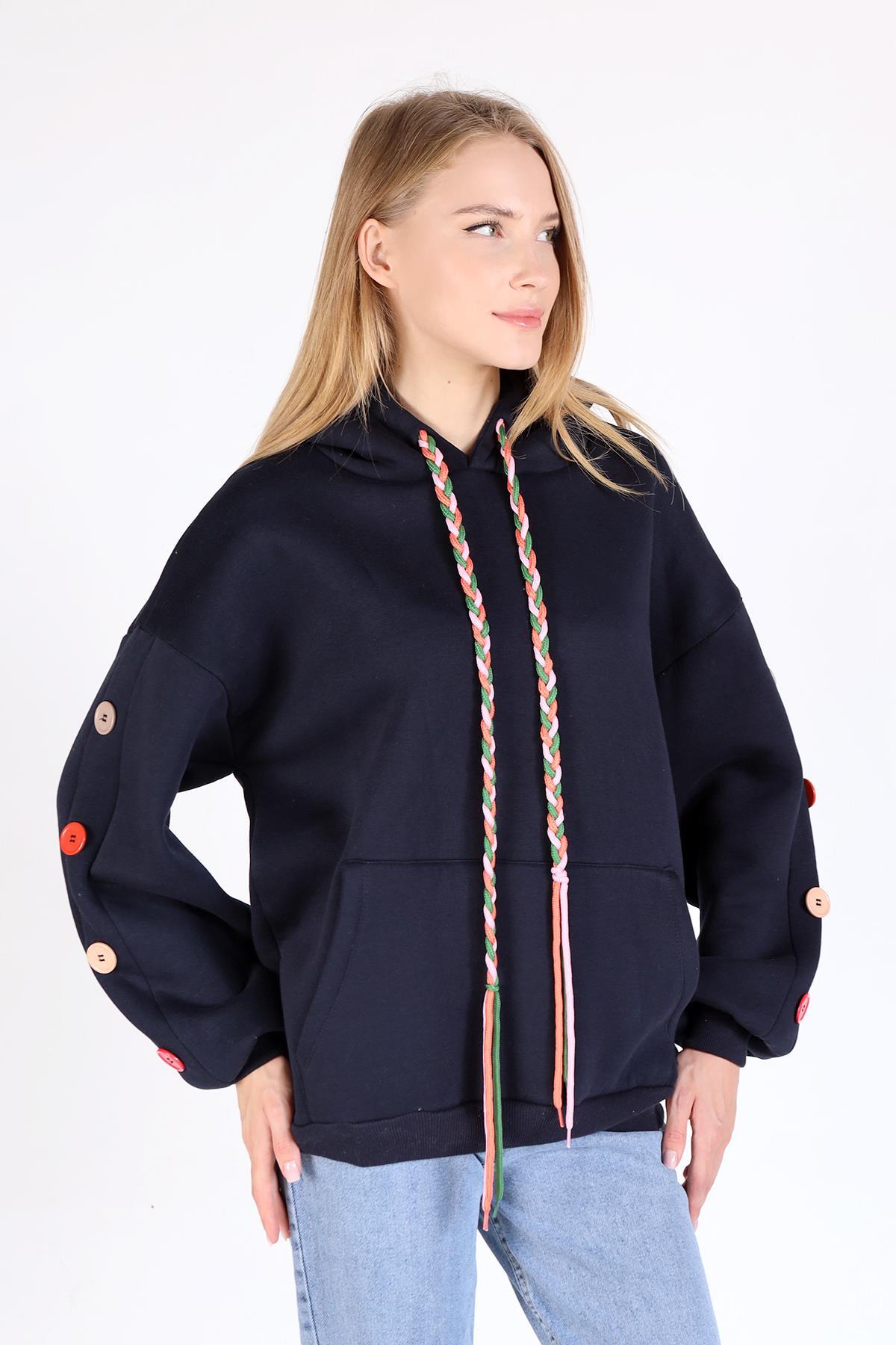 Laci Kol Düğme Detay Kapşonlü Sweat 9148M - 5