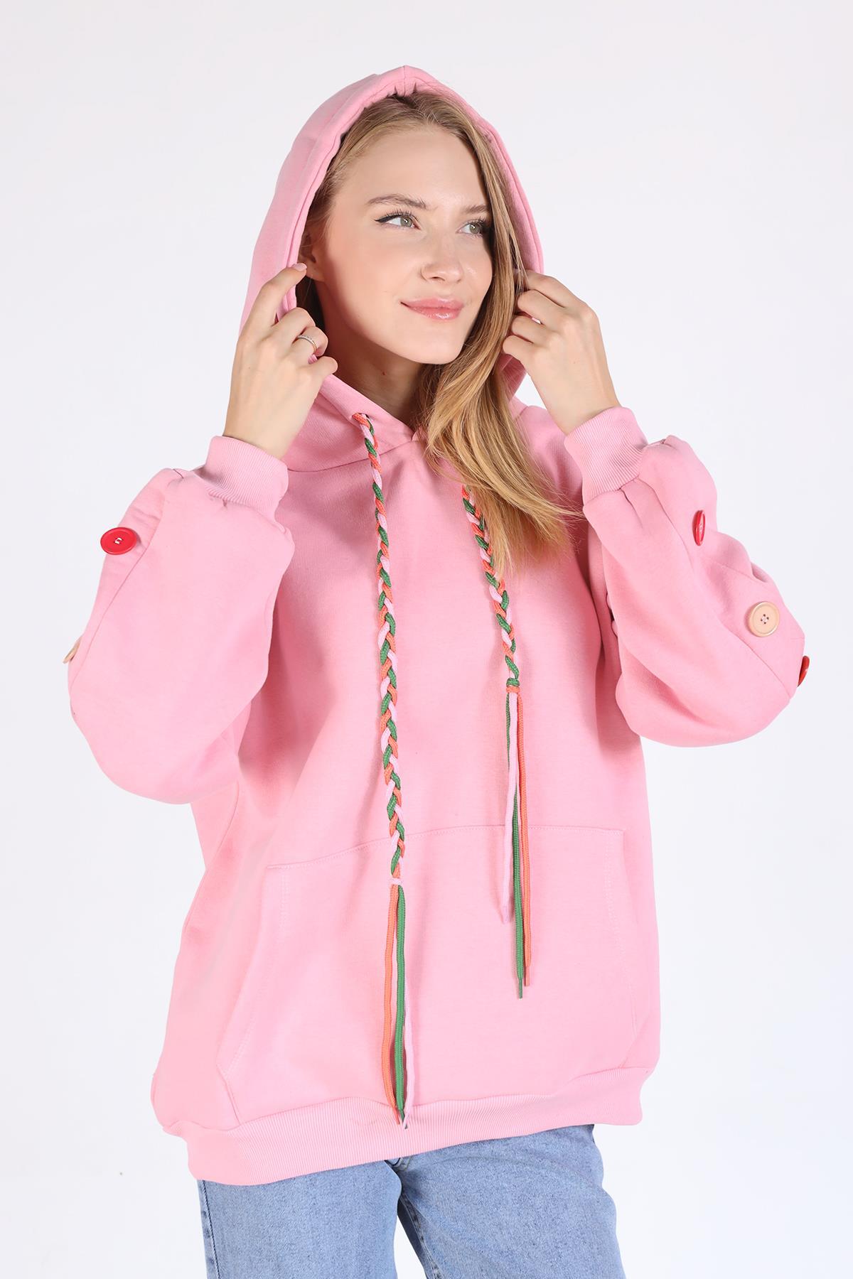 9148M Kol Düğme Detay Kapşonlü Sweat Pembe 