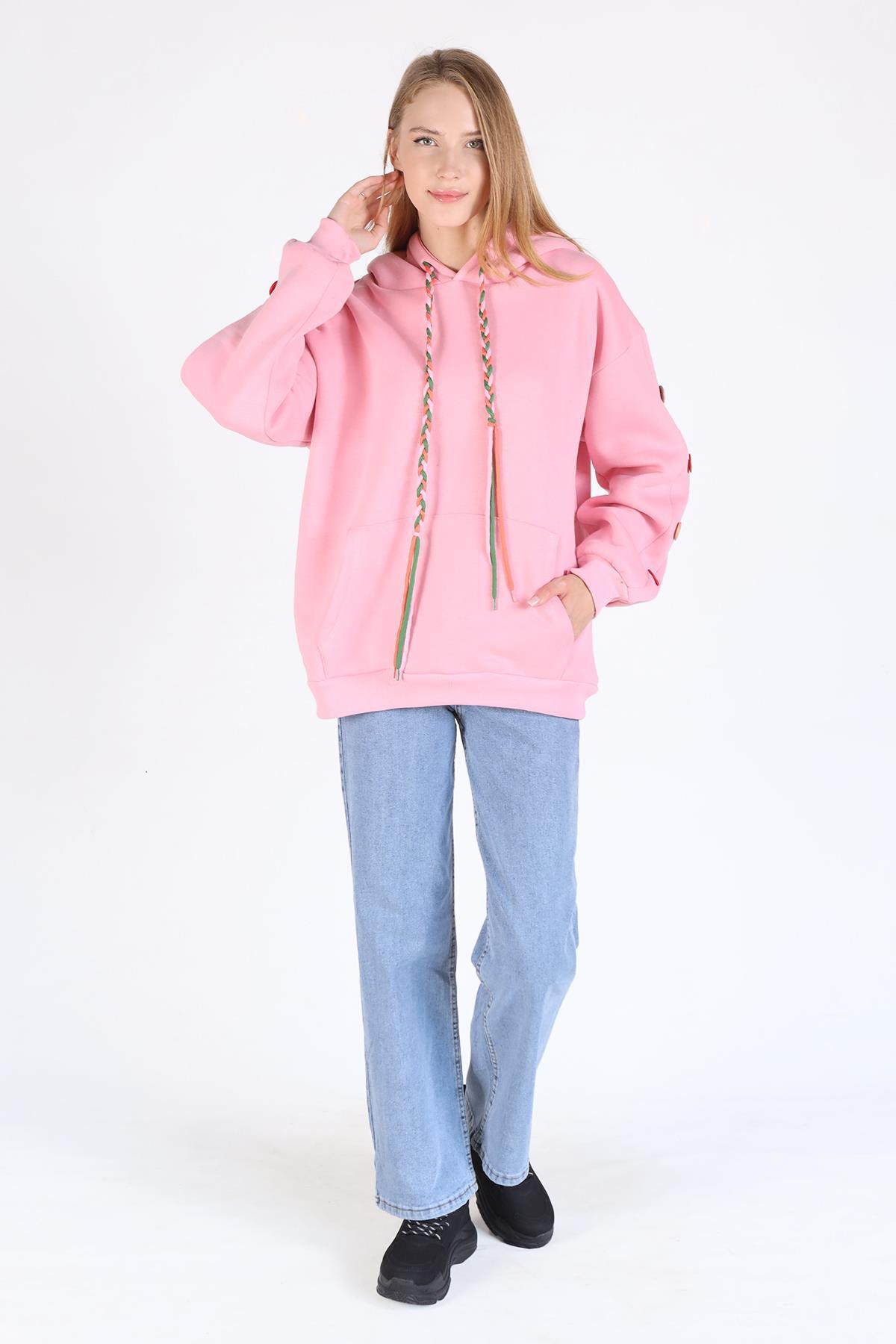 Pembe Kol Düğme Detay Kapşonlü Sweat 9148M - 2