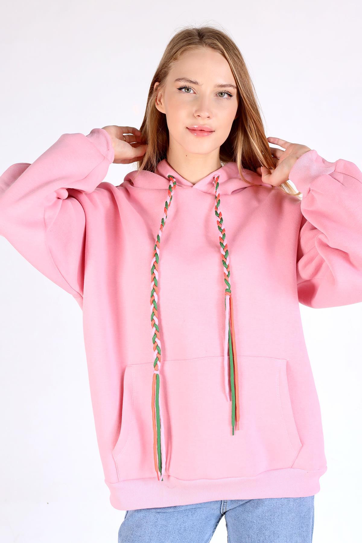 Pembe Kol Düğme Detay Kapşonlü Sweat 9148M - 4