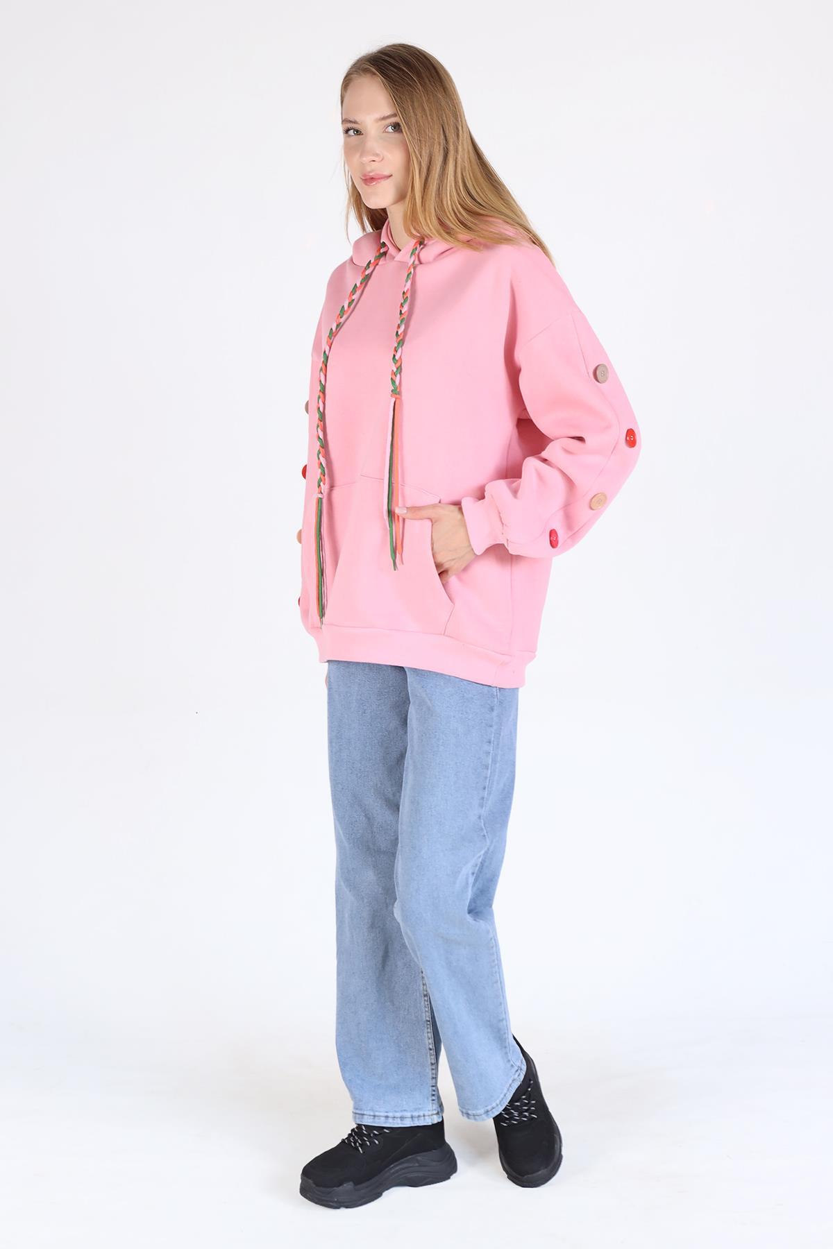 Pembe Kol Düğme Detay Kapşonlü Sweat 9148M - 7