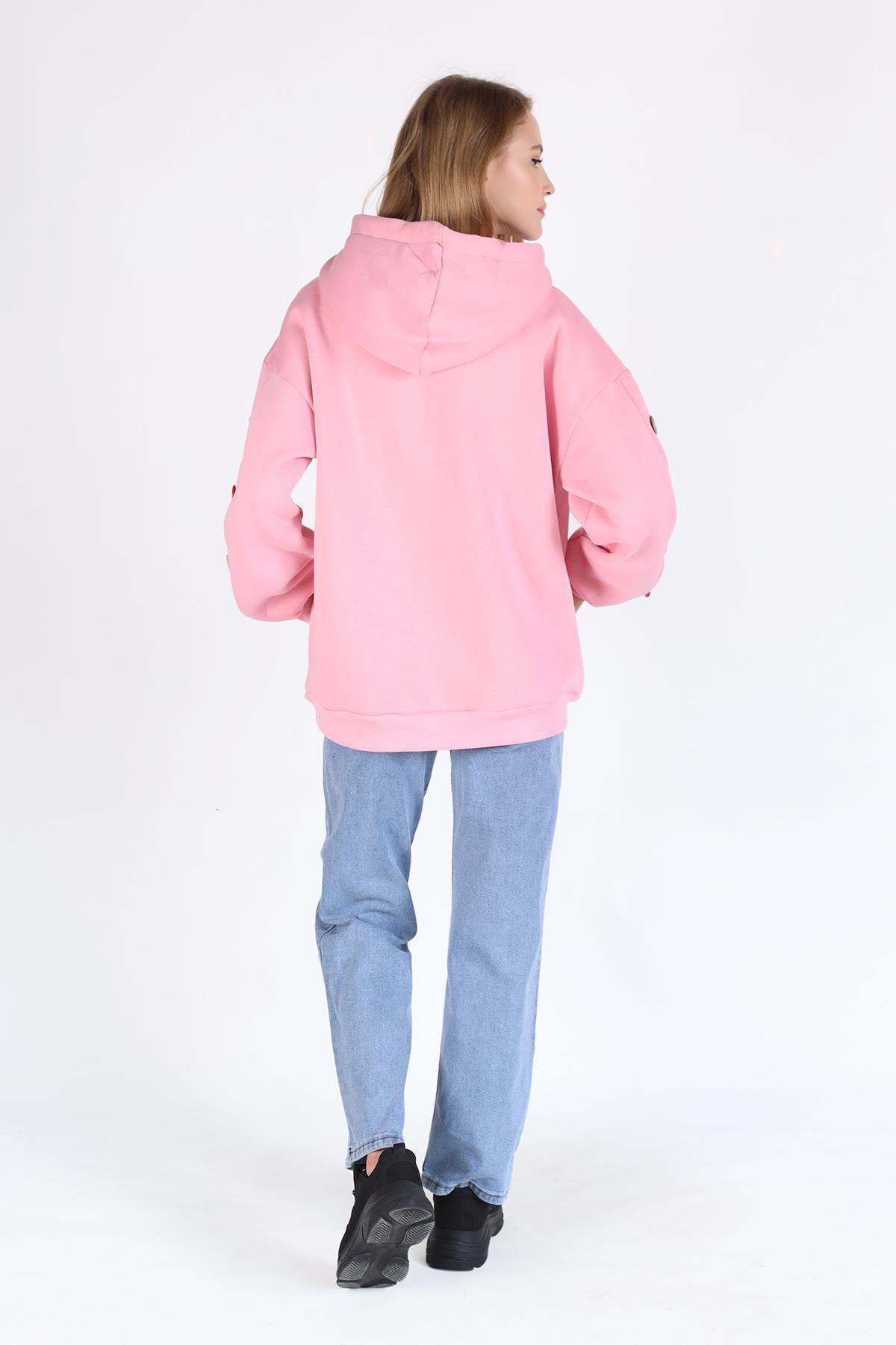 Pembe Kol Düğme Detay Kapşonlü Sweat 9148M - 8
