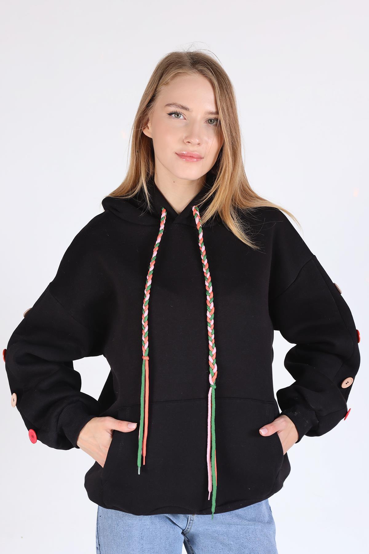 Siyah Kol Düğme Detay Kapşonlü Sweat 9148M 