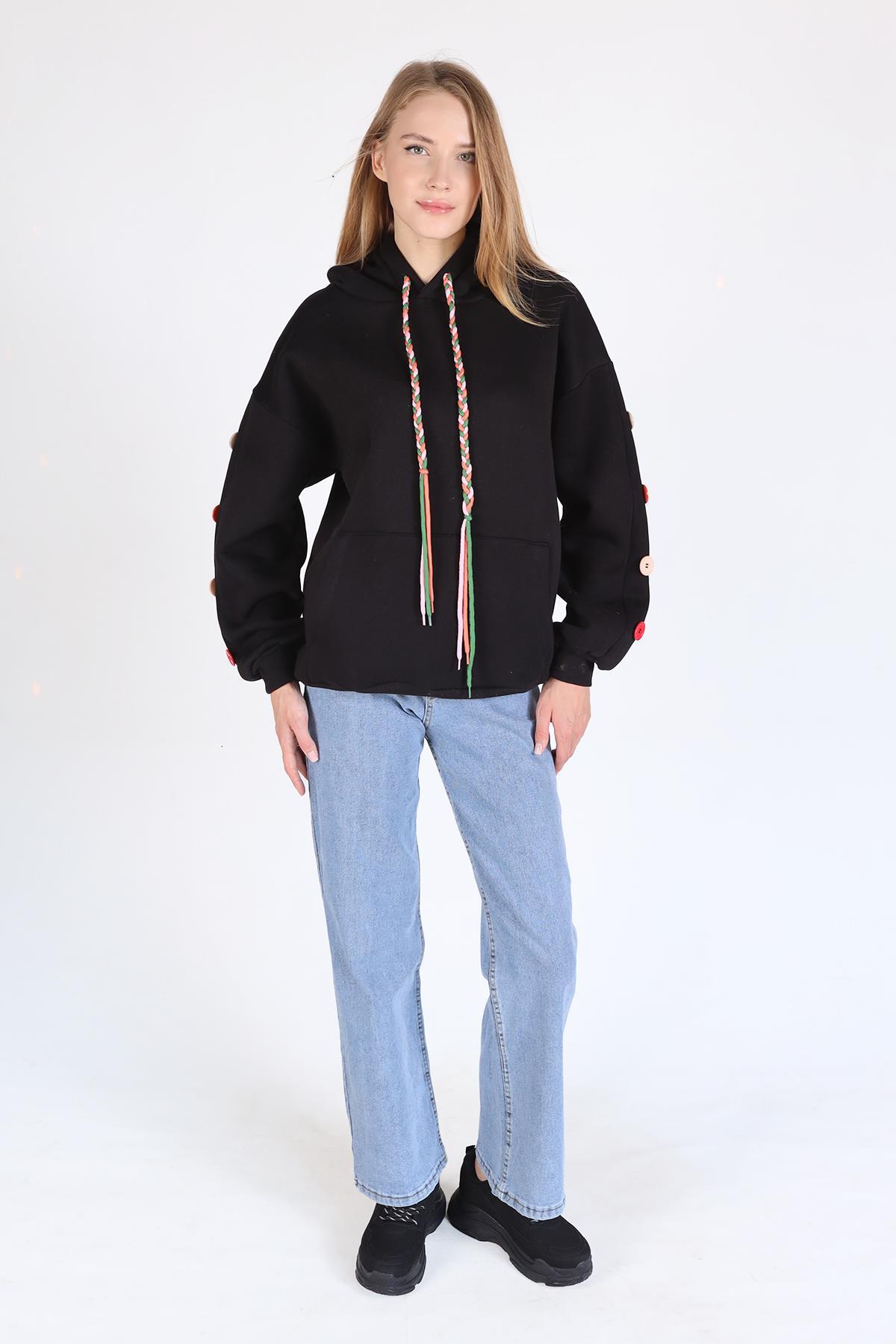 Siyah Kol Düğme Detay Kapşonlü Sweat 9148M - 2