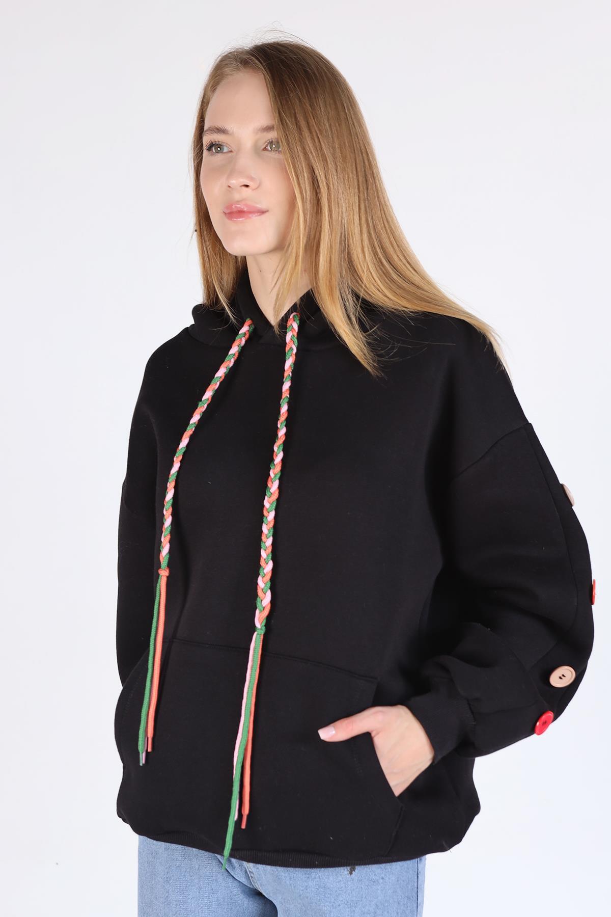 Siyah Kol Düğme Detay Kapşonlü Sweat 9148M - 3