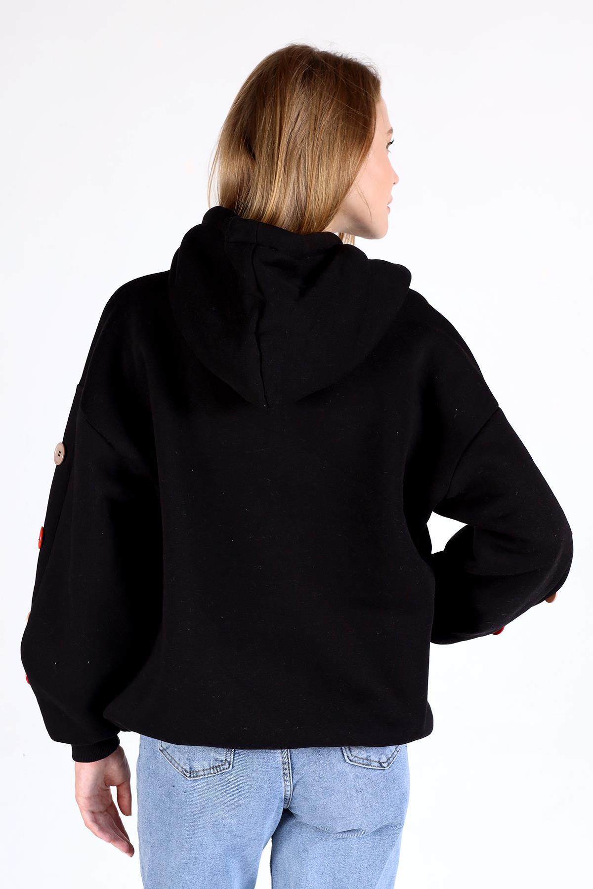 Siyah Kol Düğme Detay Kapşonlü Sweat 9148M - 5