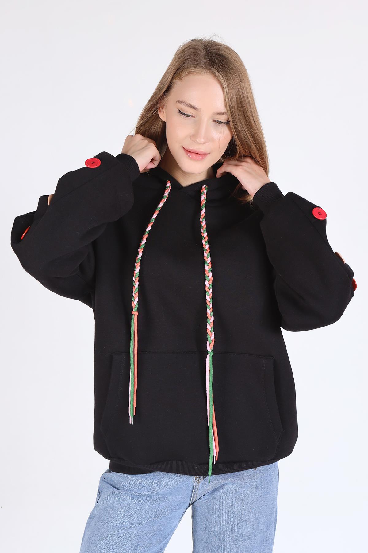 Siyah Kol Düğme Detay Kapşonlü Sweat 9148M - 8