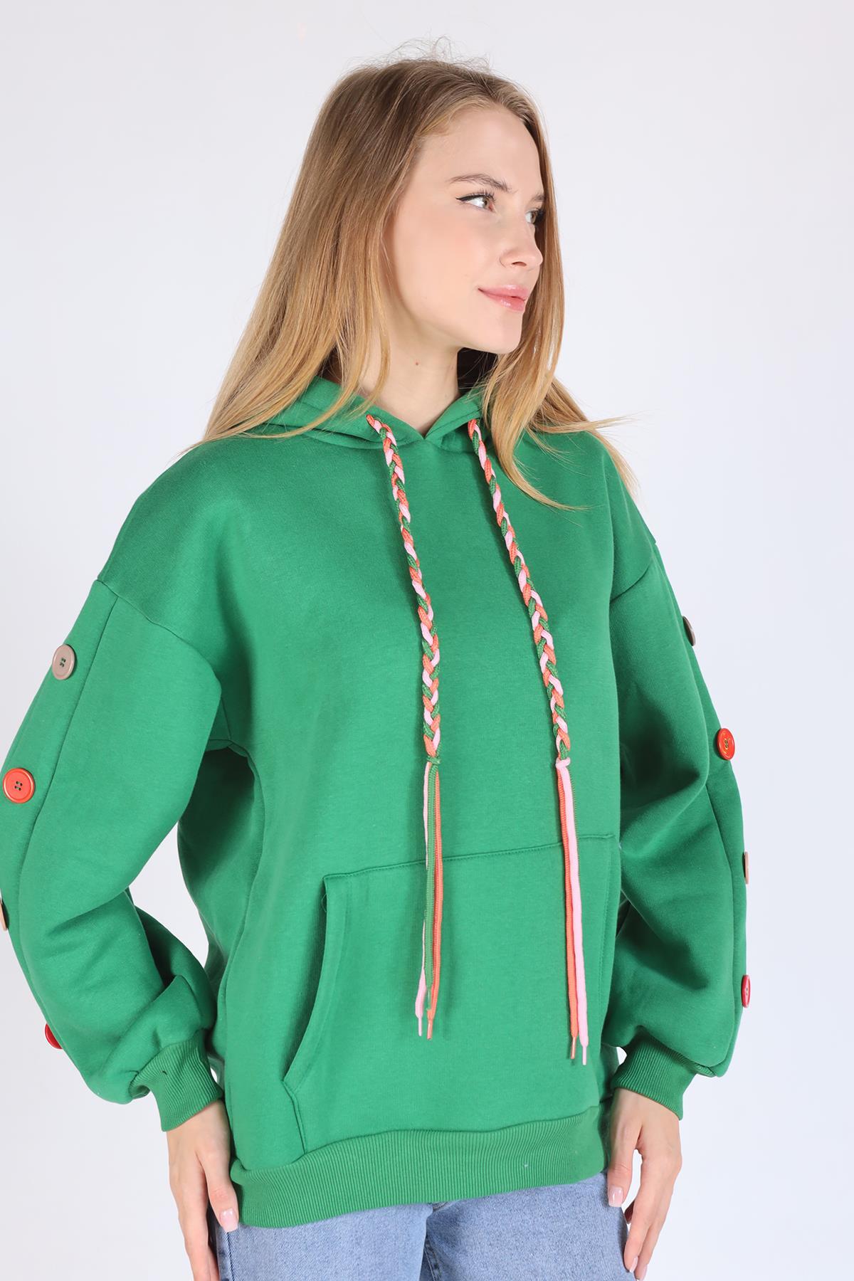 Yeşil Kol Düğme Detay Kapşonlü Sweat 9148M 