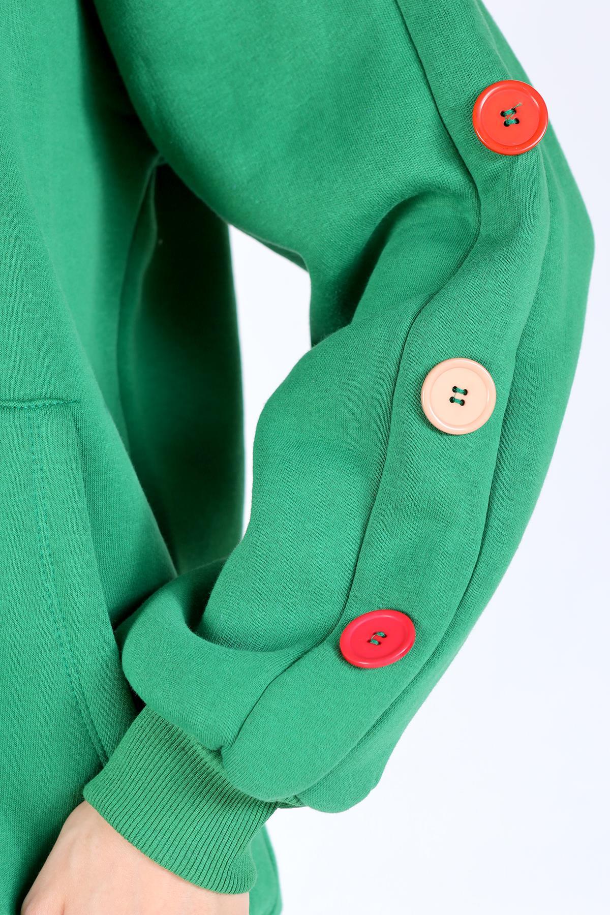 Yeşil Kol Düğme Detay Kapşonlü Sweat 9148M - 4