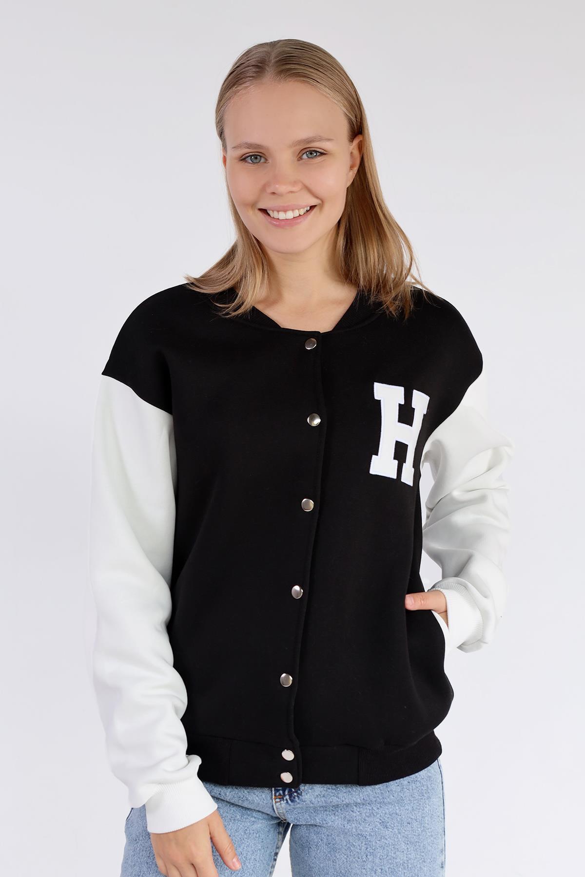 Siyah H Nakış Detay Kolej Ceket 9150M - 2