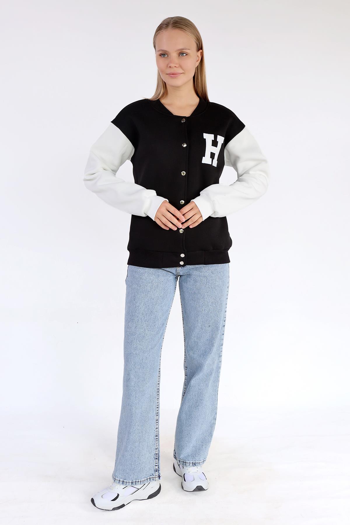Siyah H Nakış Detay Kolej Ceket 9150M - 3