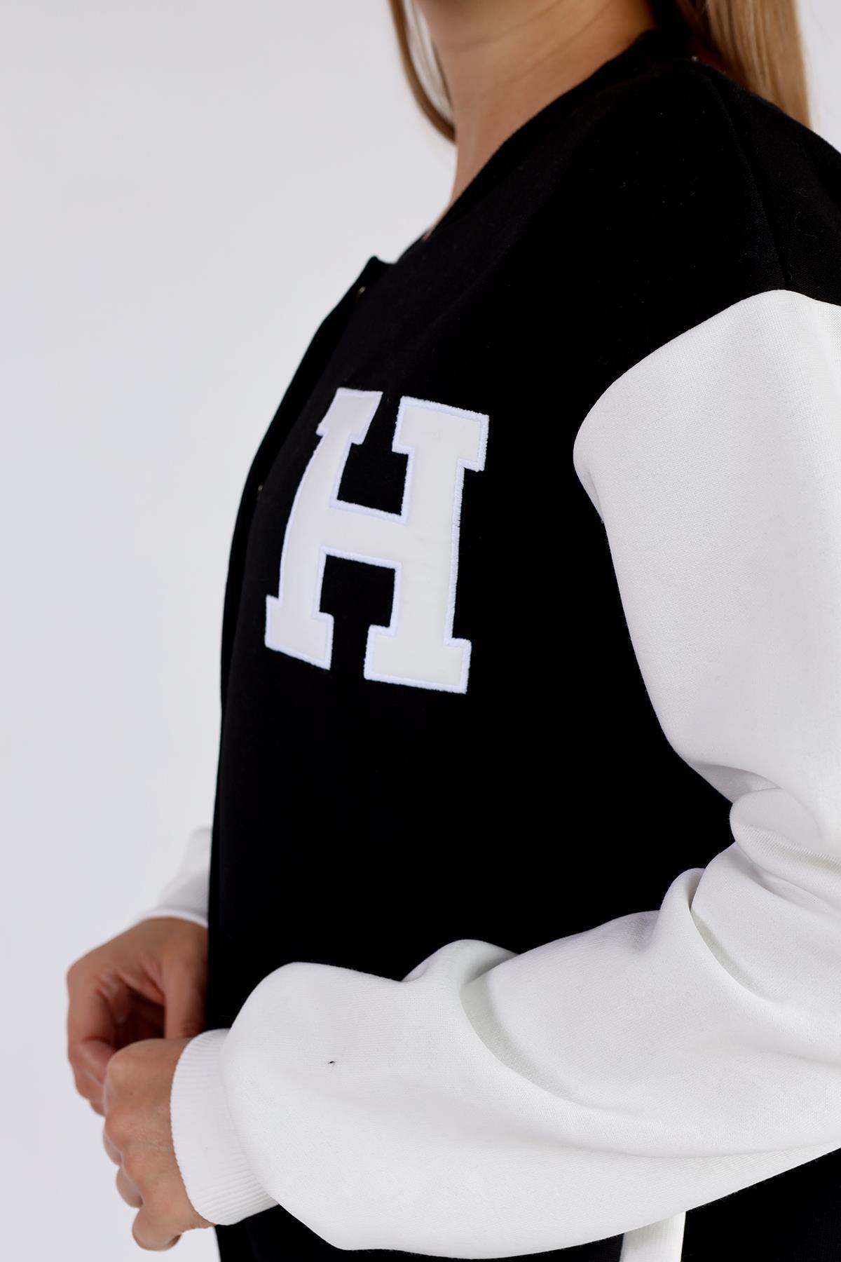 Siyah H Nakış Detay Kolej Ceket 9150M - 6