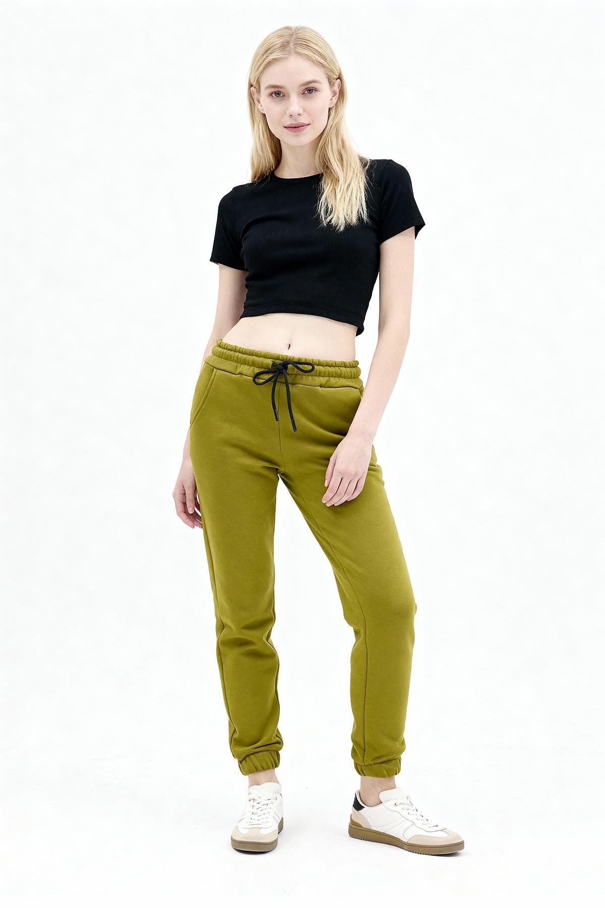 Yağ Yeşili Paçası Lastikli Kadın Jogger Eşofman Altı TCR-9151M - 1