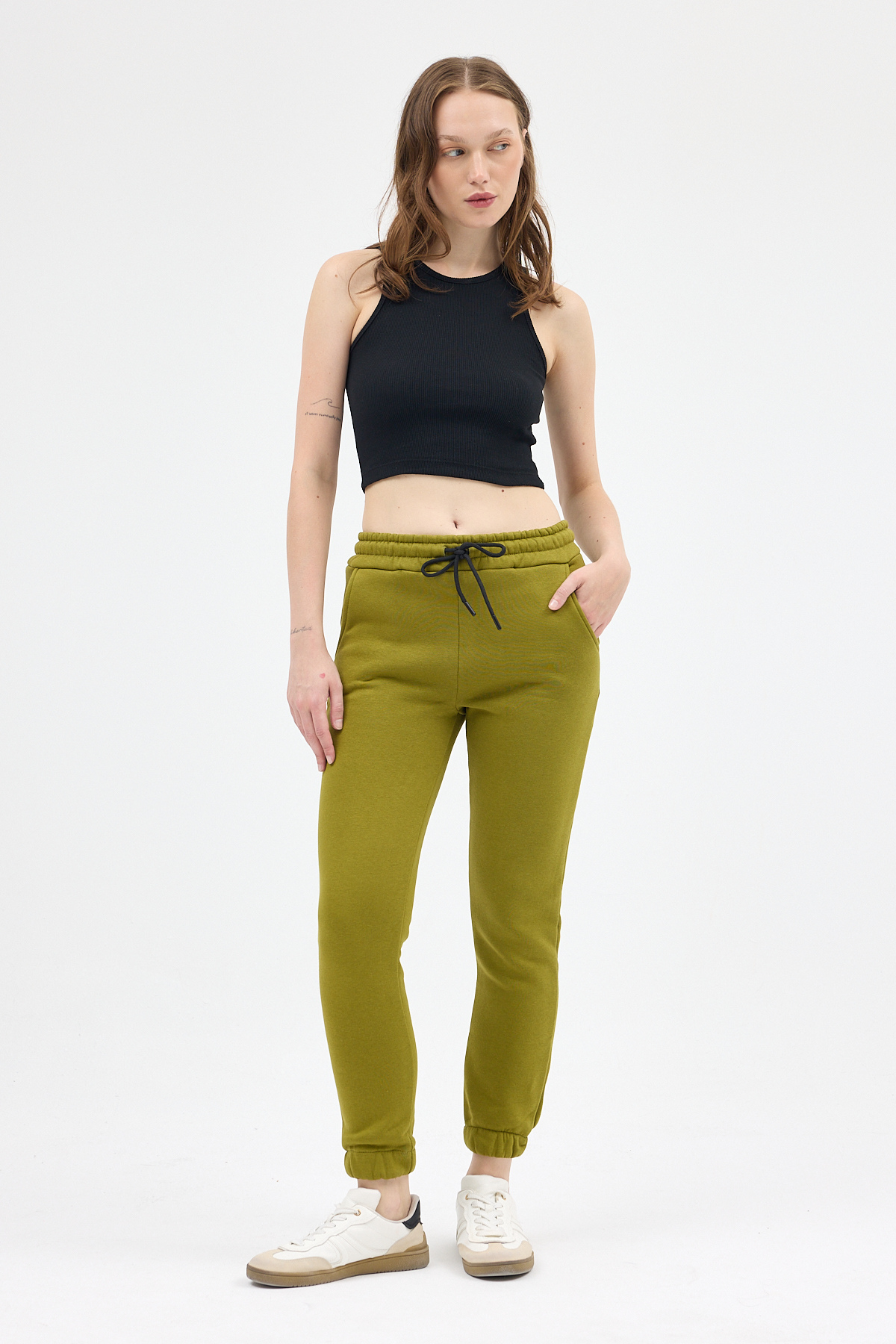 Yağ Yeşili Paçası Lastikli Kadın Jogger Eşofman Altı TCR-9151M - 2