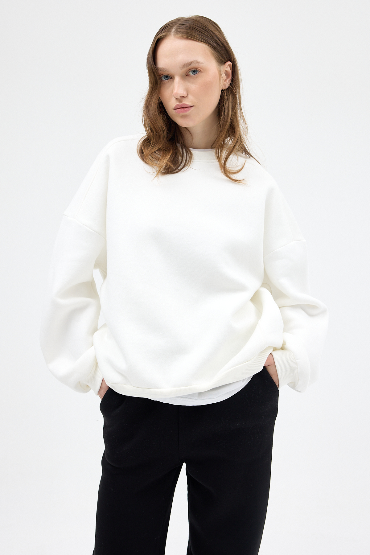 Kadın Pamuklu İçi Polarlı Oversize Yuvarlak Yakalı Ekru Sweatshirt 9152M - 1