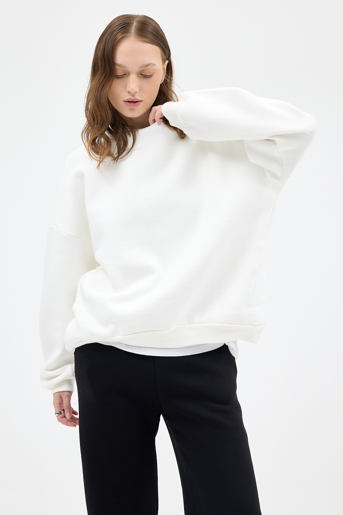 Kadın Pamuklu İçi Polarlı Oversize Yuvarlak Yakalı Ekru Sweatshirt 9152M - 2