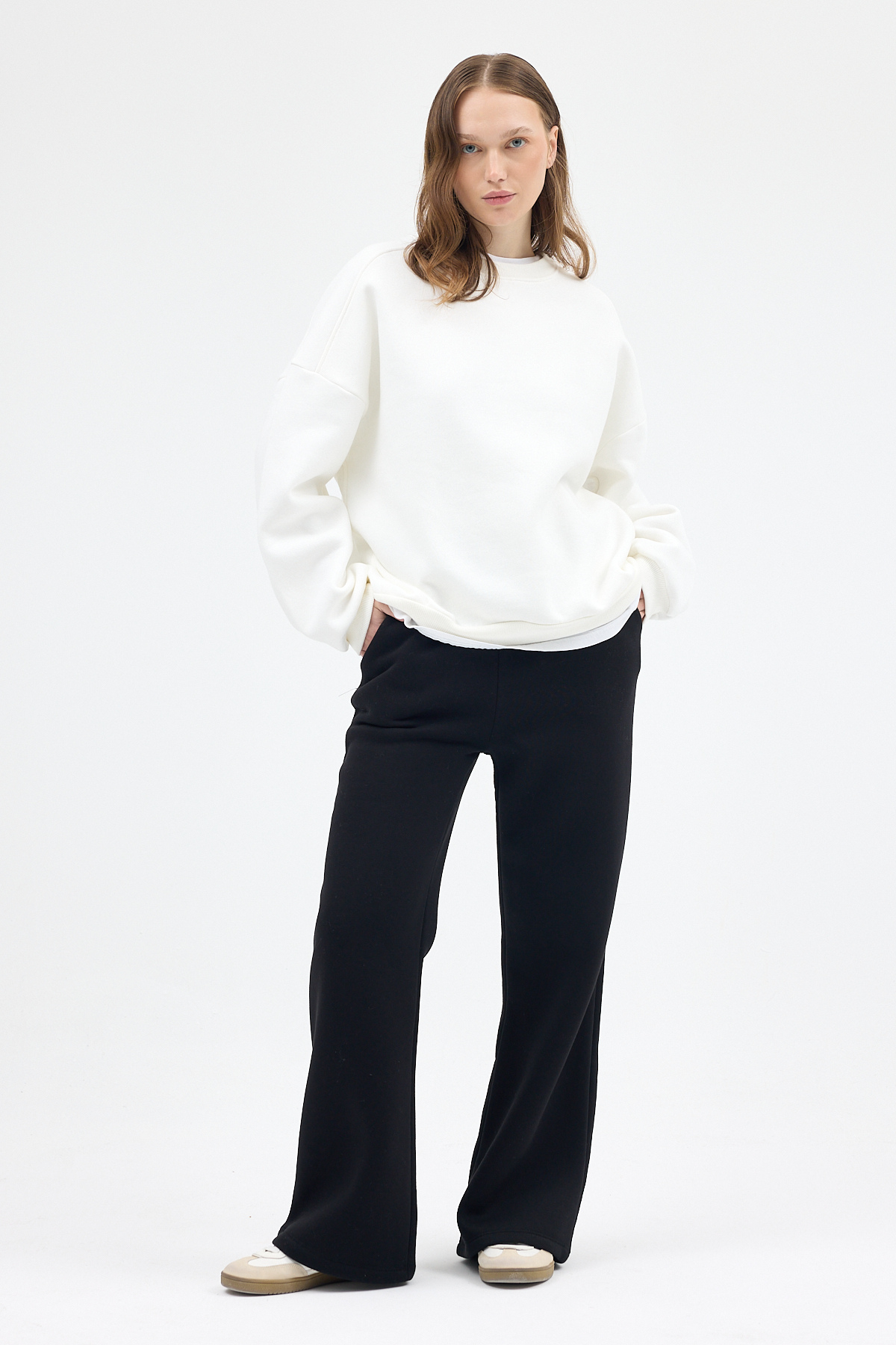 Kadın Pamuklu İçi Polarlı Oversize Yuvarlak Yakalı Ekru Sweatshirt 9152M - 3