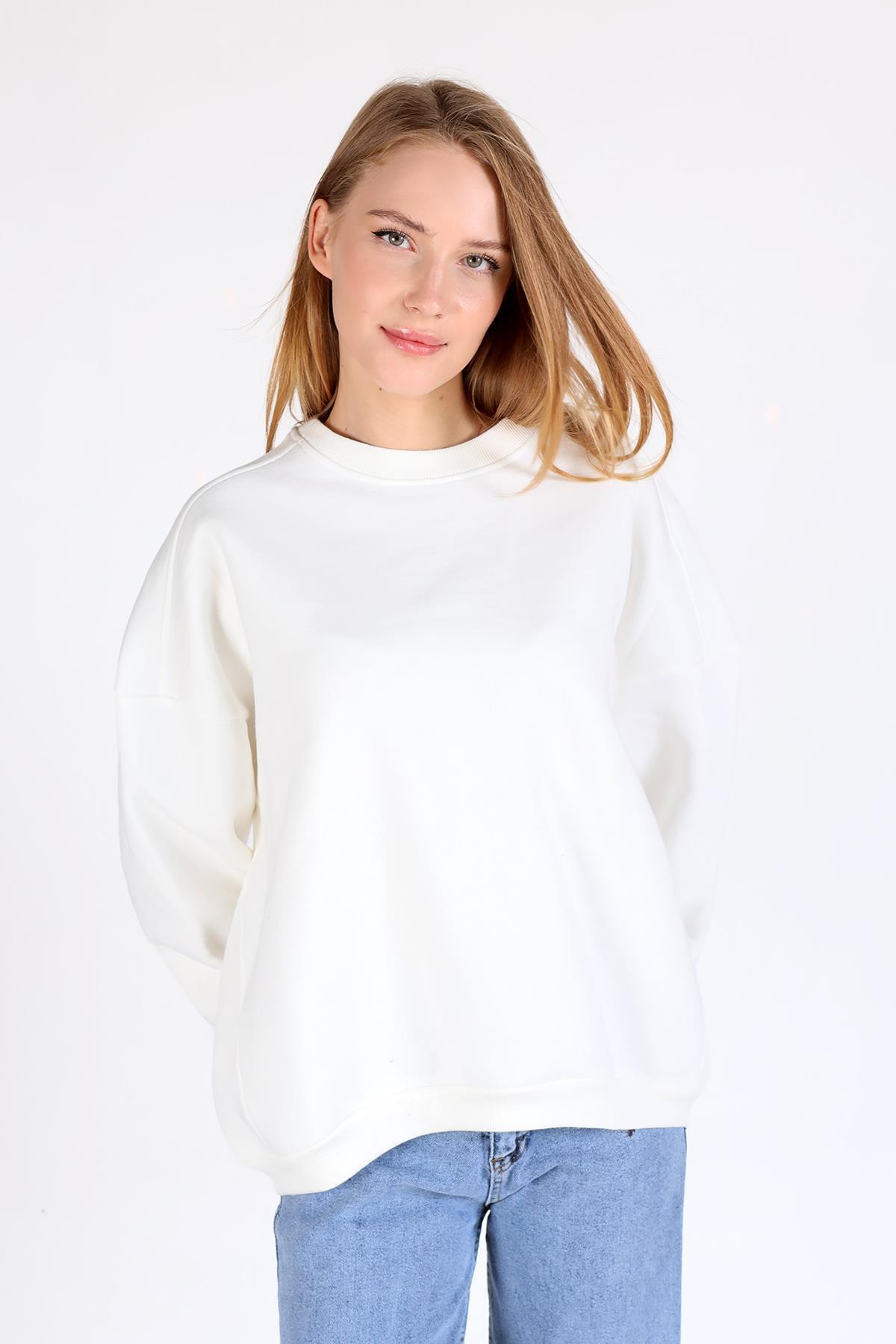 Ekru Bisiklet Yaka Oversize Kadın Sweatshirt 9152M 