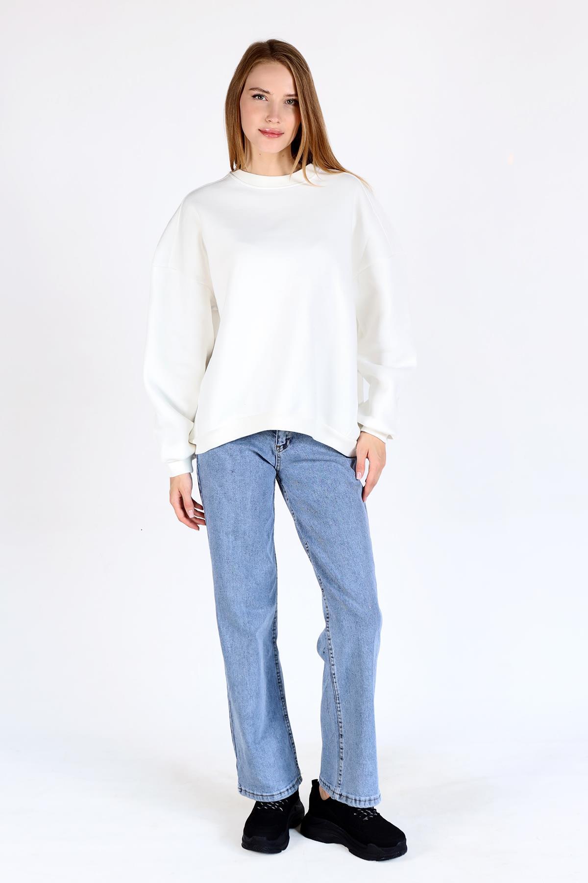 Ekru Bisiklet Yaka Oversize Kadın Sweatshirt 9152M - 2