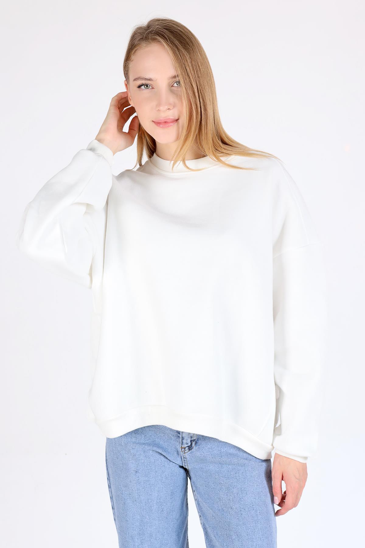 Ekru Bisiklet Yaka Oversize Kadın Sweatshirt 9152M - 3