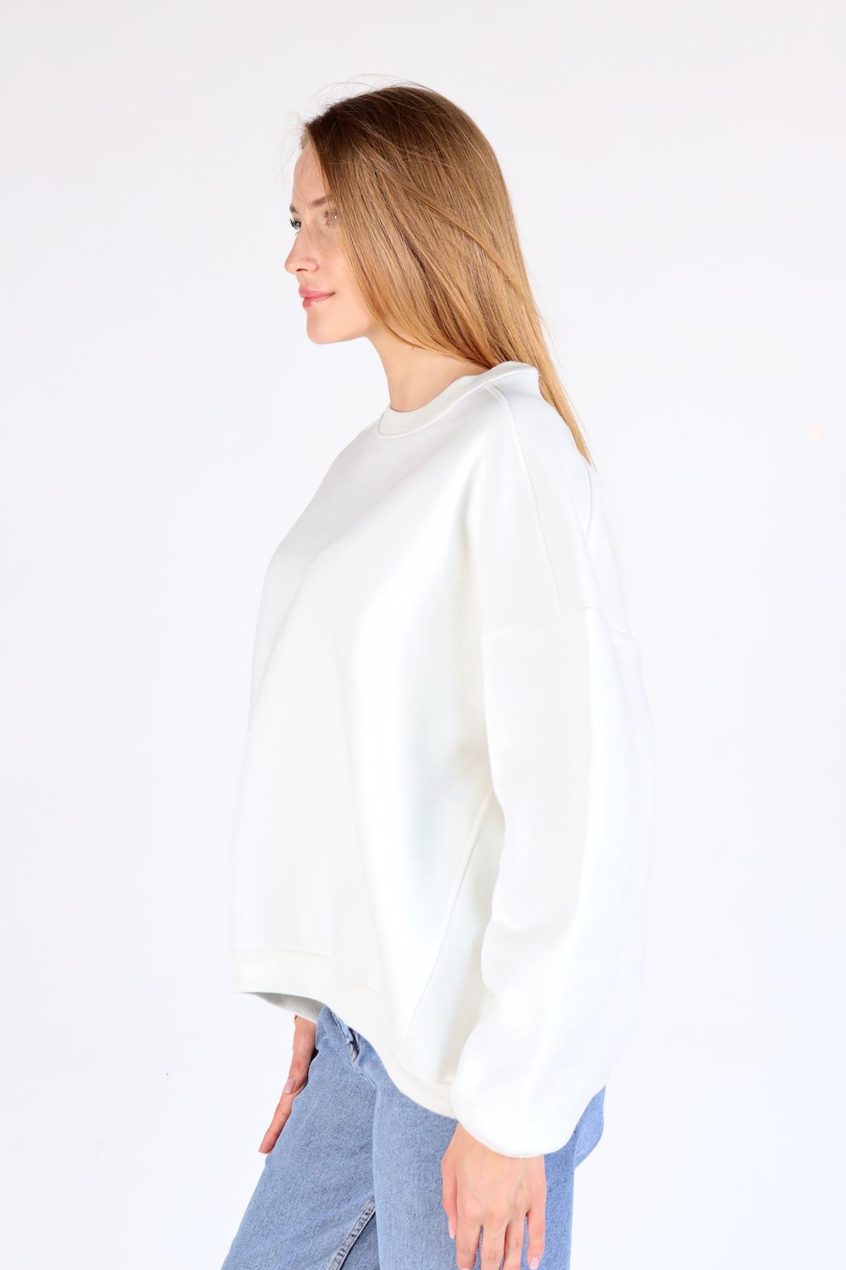 Ekru Bisiklet Yaka Oversize Kadın Sweatshirt 9152M - 4
