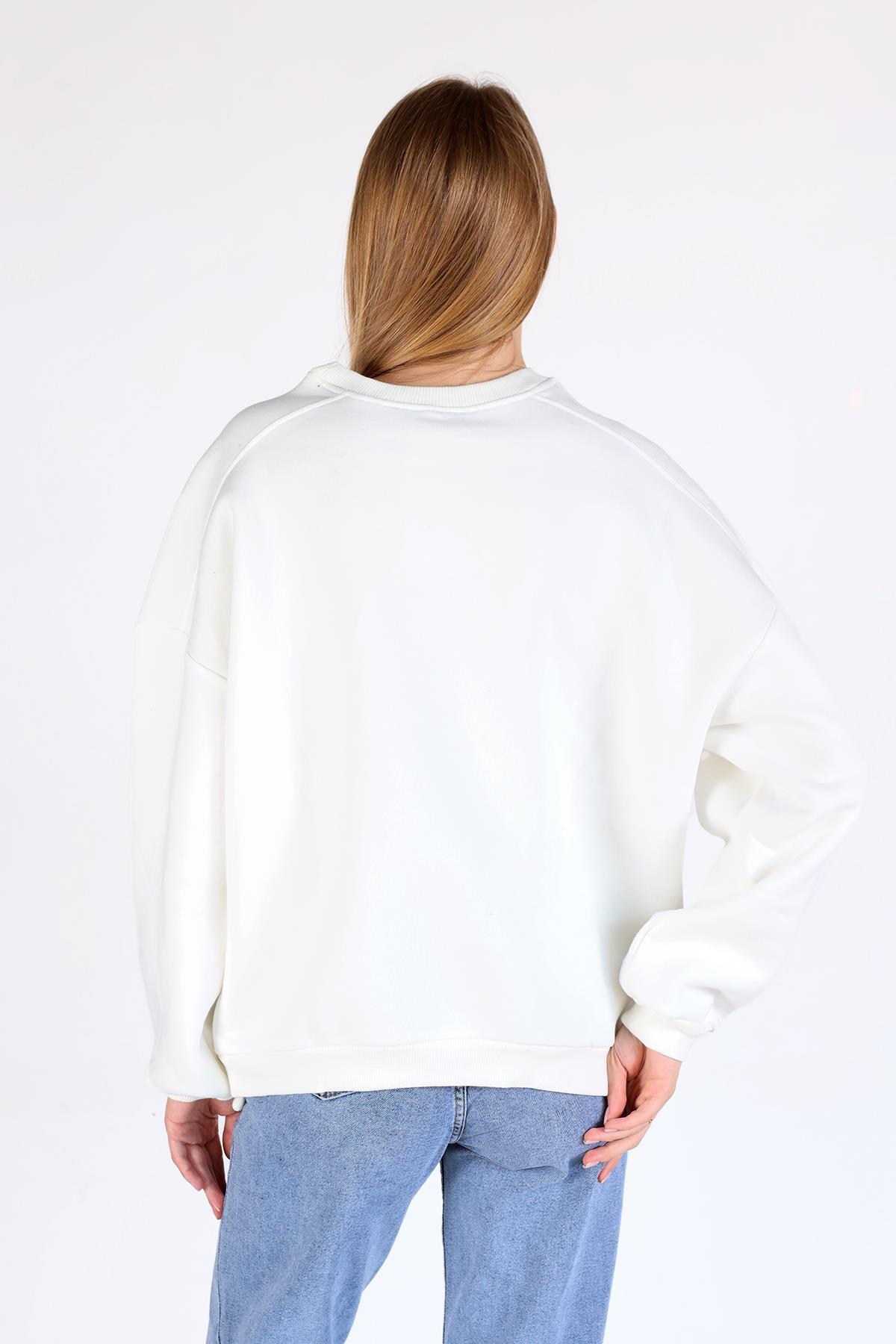 Ekru Bisiklet Yaka Oversize Kadın Sweatshirt 9152M - 5