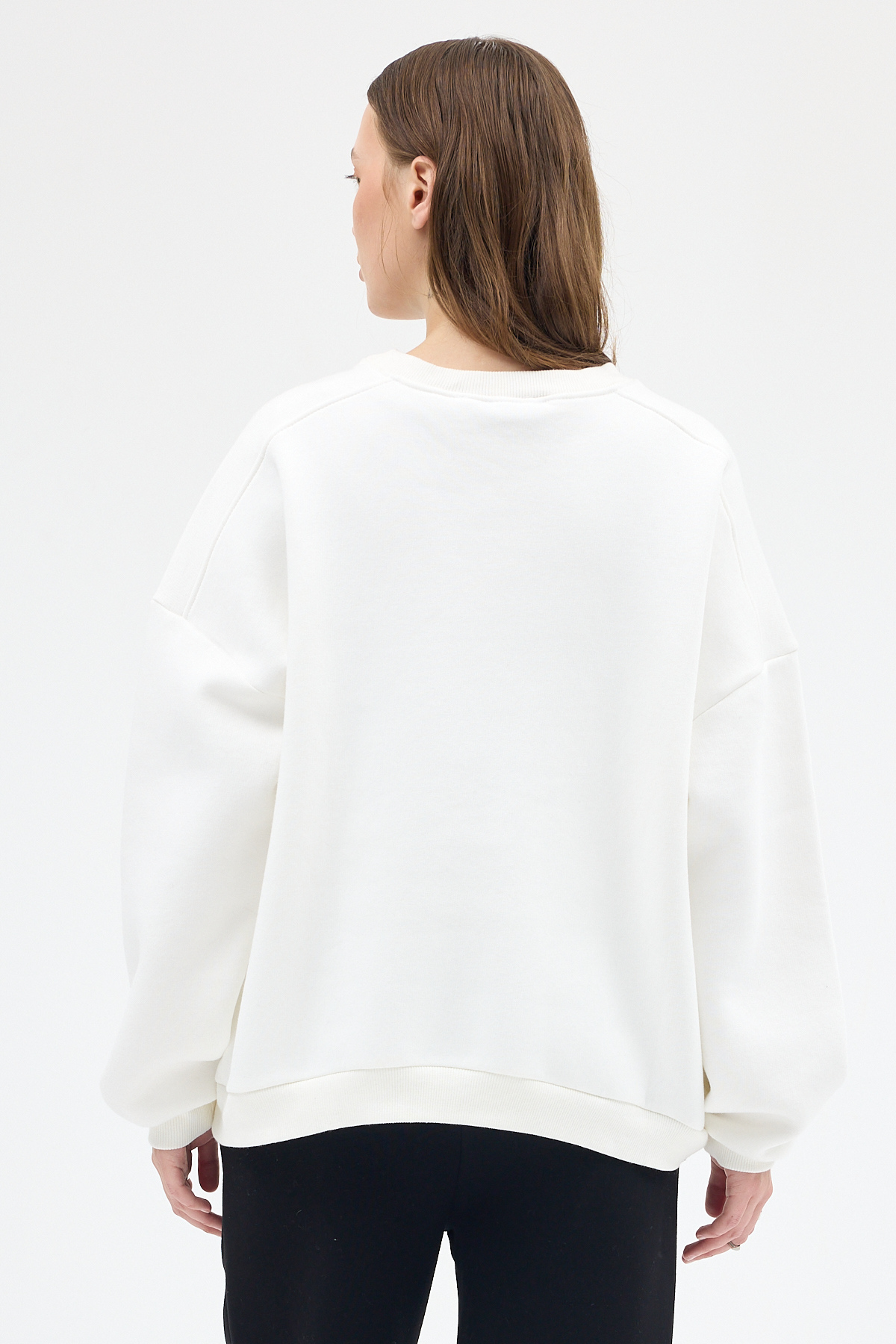 Kadın Pamuklu İçi Polarlı Oversize Yuvarlak Yakalı Ekru Sweatshirt 9152M - 5