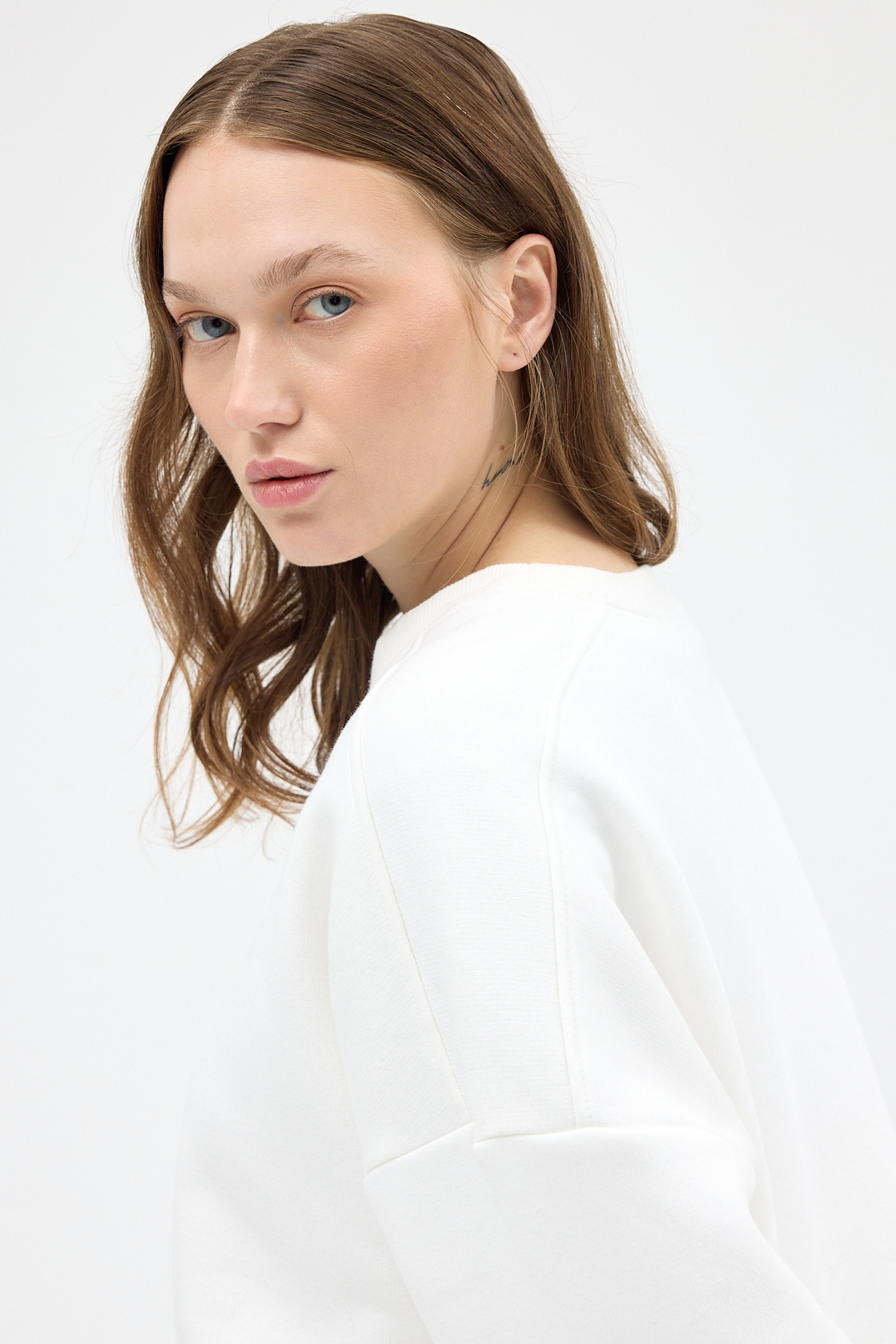 Kadın Pamuklu İçi Polarlı Oversize Yuvarlak Yakalı Ekru Sweatshirt 9152M - 7