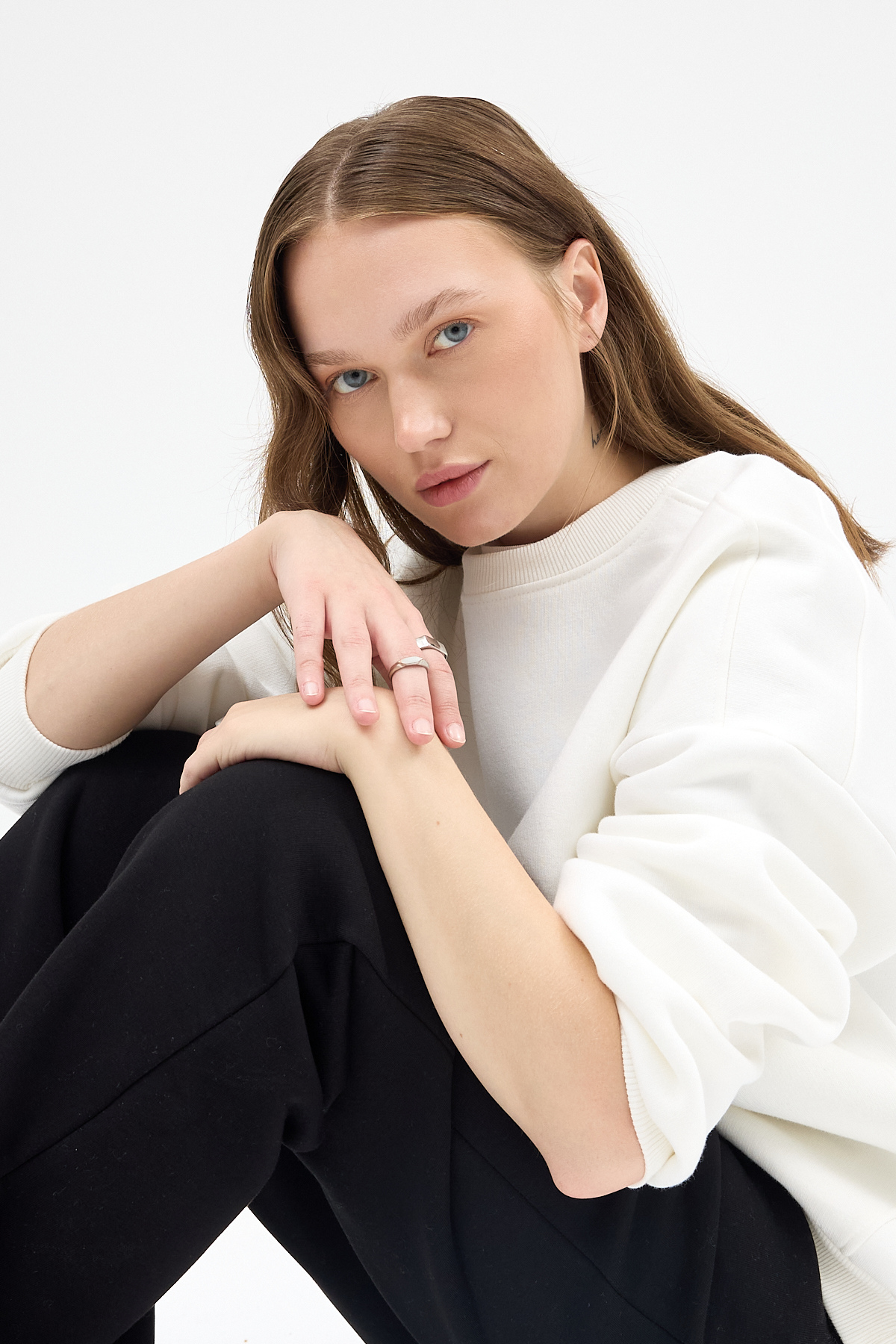 Kadın Pamuklu İçi Polarlı Oversize Yuvarlak Yakalı Ekru Sweatshirt 9152M - RAYS