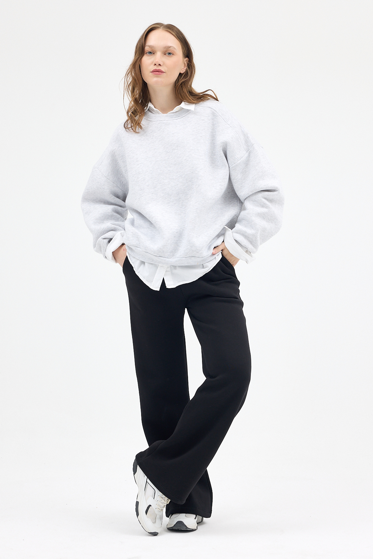 Kadın Pamuklu İçi Polarlı Oversize Yuvarlak Yakalı Karmelanj Sweatshirt 9152M - 3