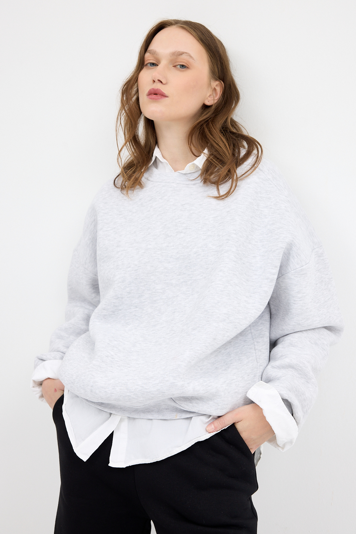 Kadın Pamuklu İçi Polarlı Oversize Yuvarlak Yakalı Karmelanj Sweatshirt 9152M - RAYS