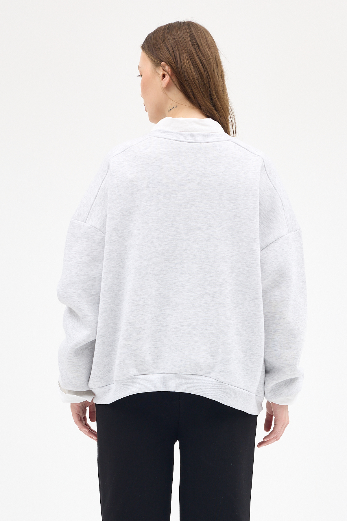 Kadın Pamuklu İçi Polarlı Oversize Yuvarlak Yakalı Karmelanj Sweatshirt 9152M - 5