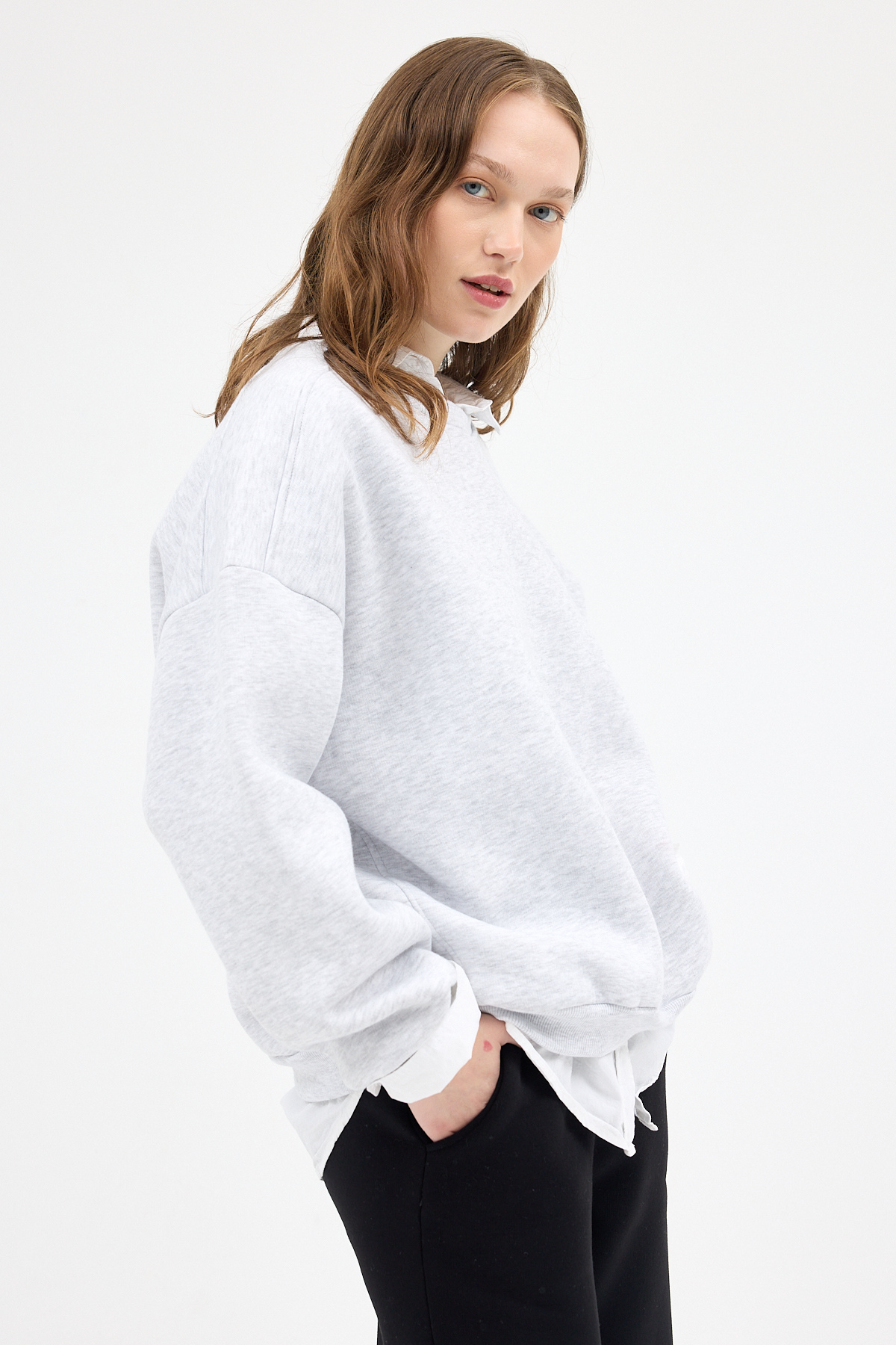 Kadın Pamuklu İçi Polarlı Oversize Yuvarlak Yakalı Karmelanj Sweatshirt 9152M - 6