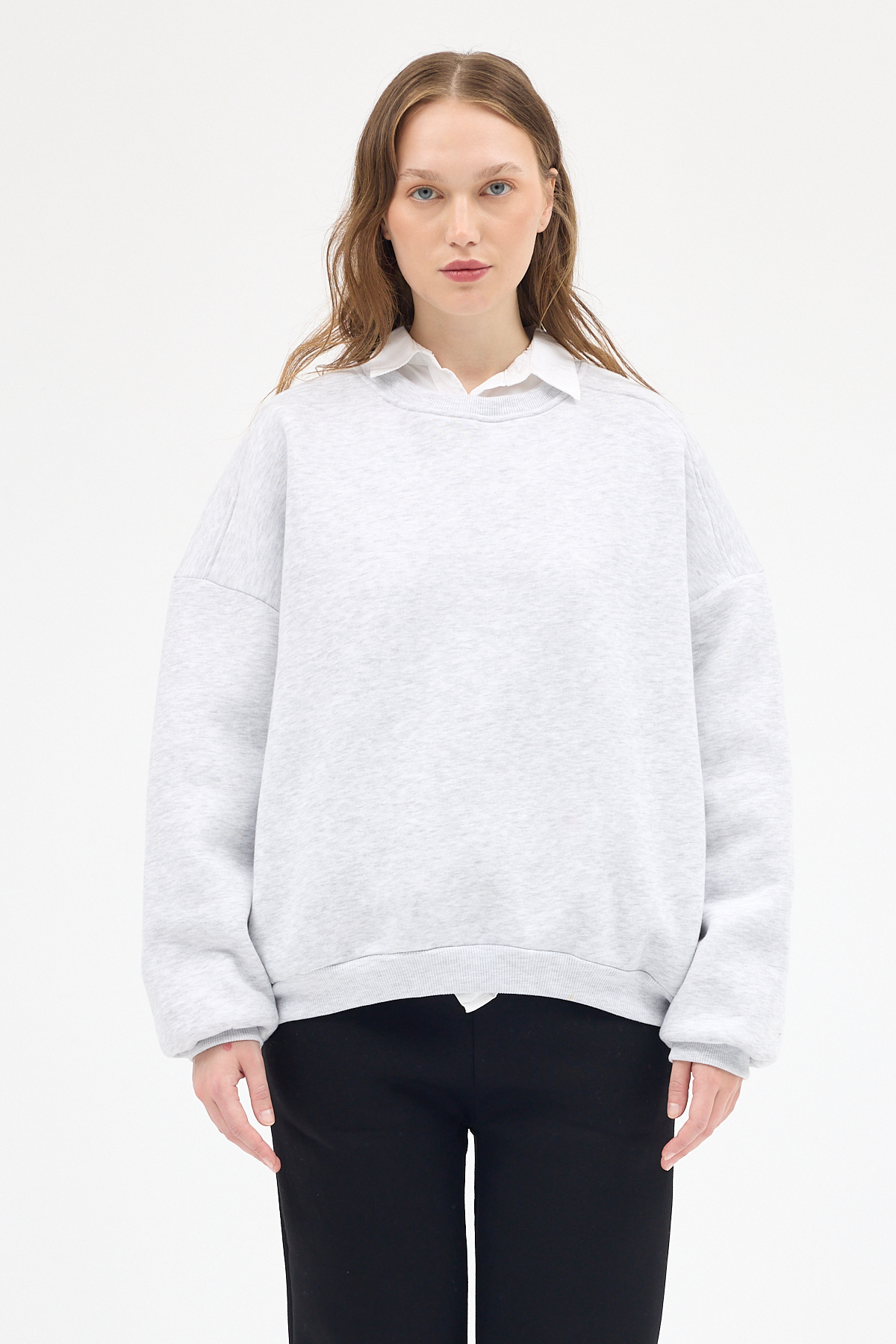 Kadın Pamuklu İçi Polarlı Oversize Yuvarlak Yakalı Karmelanj Sweatshirt 9152M - 7
