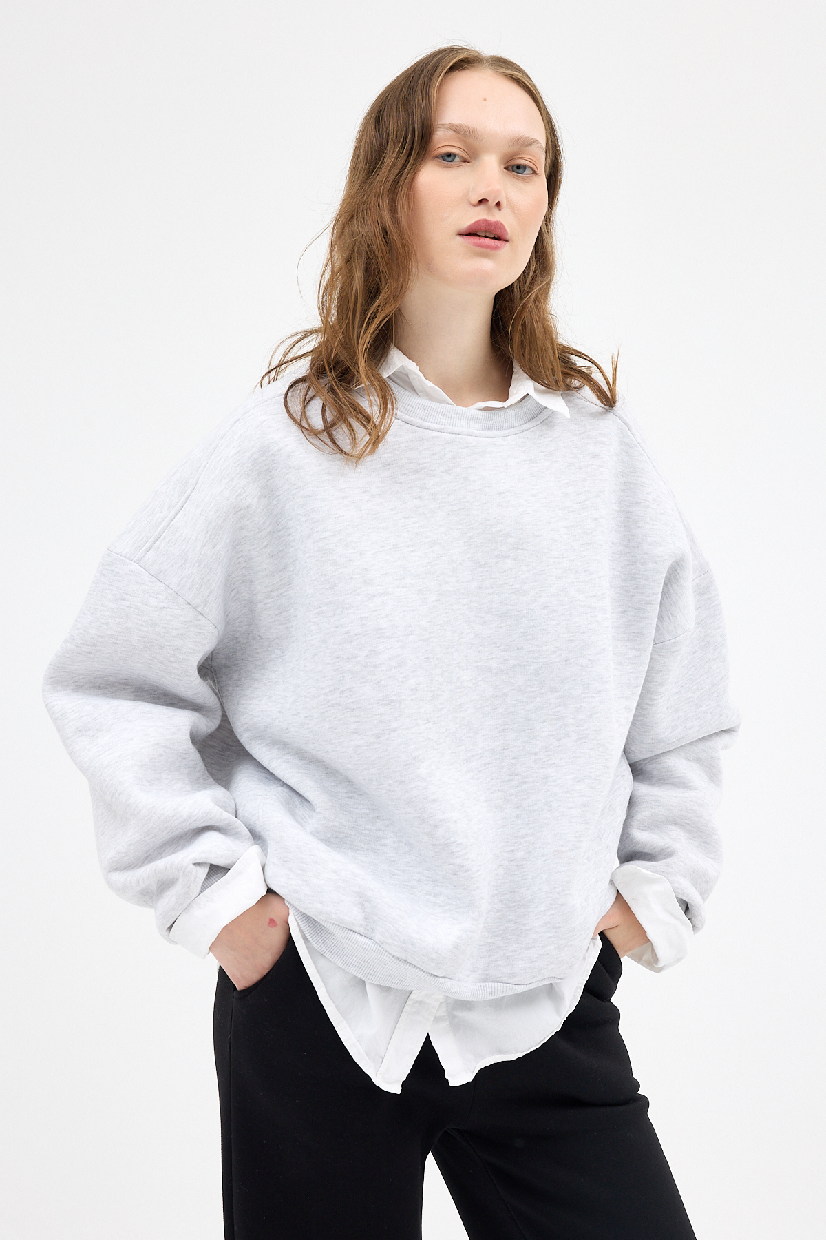 Kadın Pamuklu İçi Polarlı Oversize Yuvarlak Yakalı Karmelanj Sweatshirt 9152M - 2