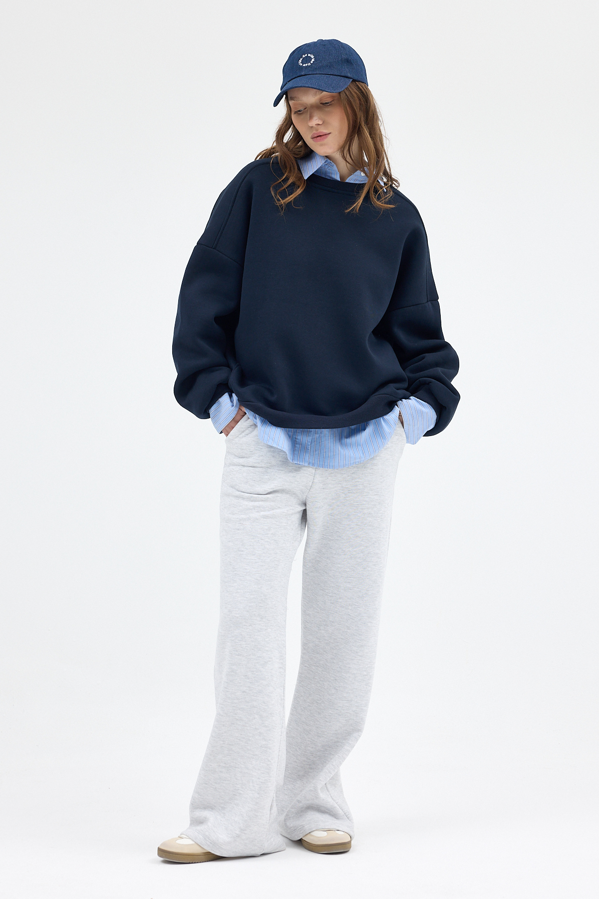 Kadın Pamuklu İçi Polarlı Oversize Yuvarlak Yakalı Laci Sweatshirt 9152M - 3