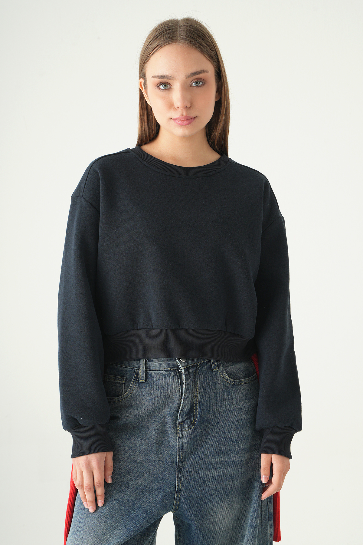Kadın Pamuklu İçi Polarlı Oversize Yuvarlak Yakalı Laci Sweatshirt 9152M - 2