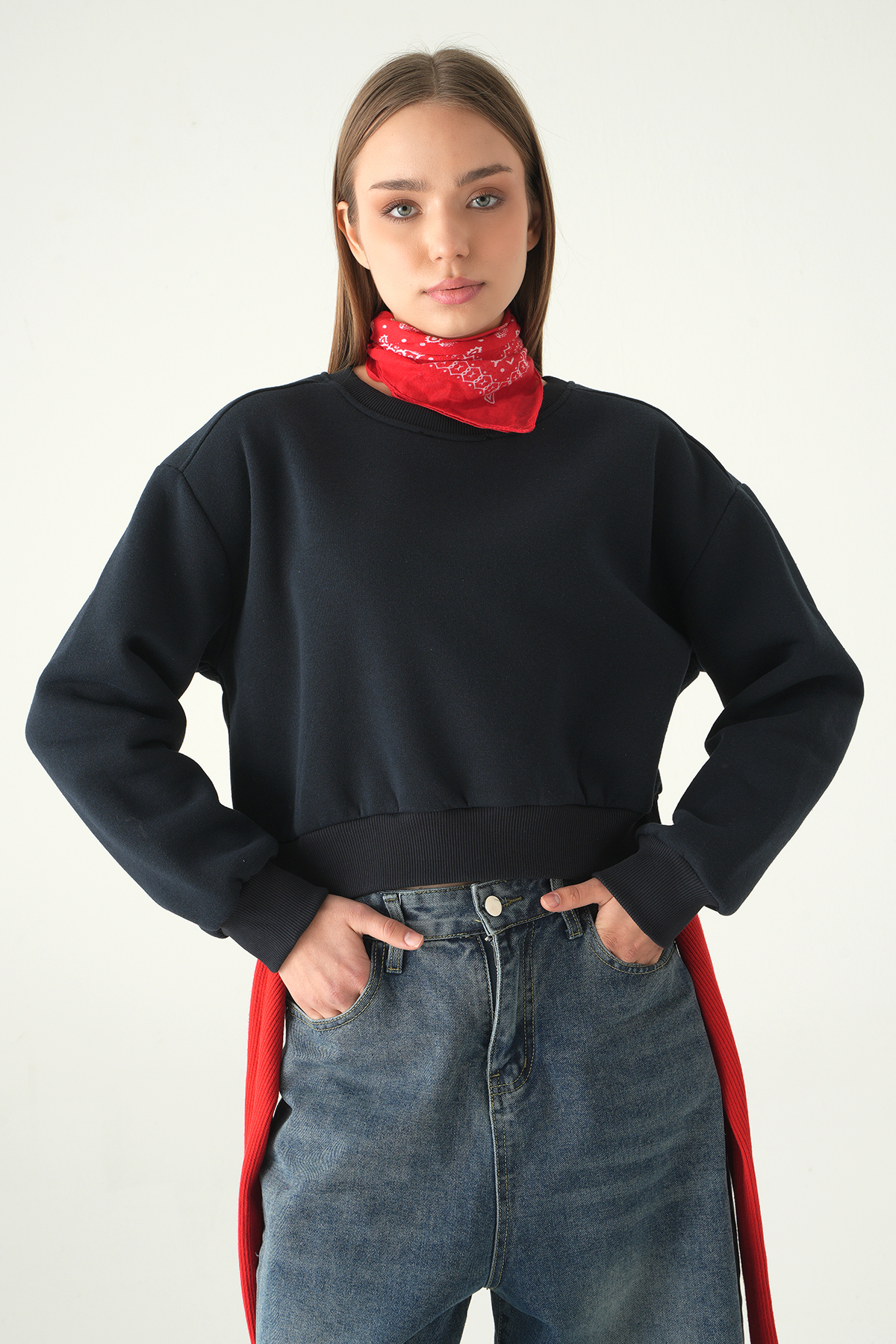 Kadın Pamuklu İçi Polarlı Oversize Yuvarlak Yakalı Laci Sweatshirt 9152M - 1