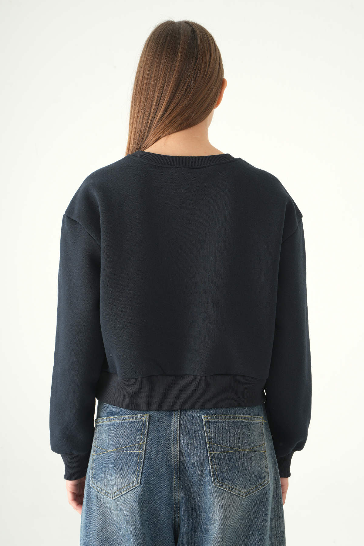 Kadın Pamuklu İçi Polarlı Oversize Yuvarlak Yakalı Laci Sweatshirt 9152M - 5