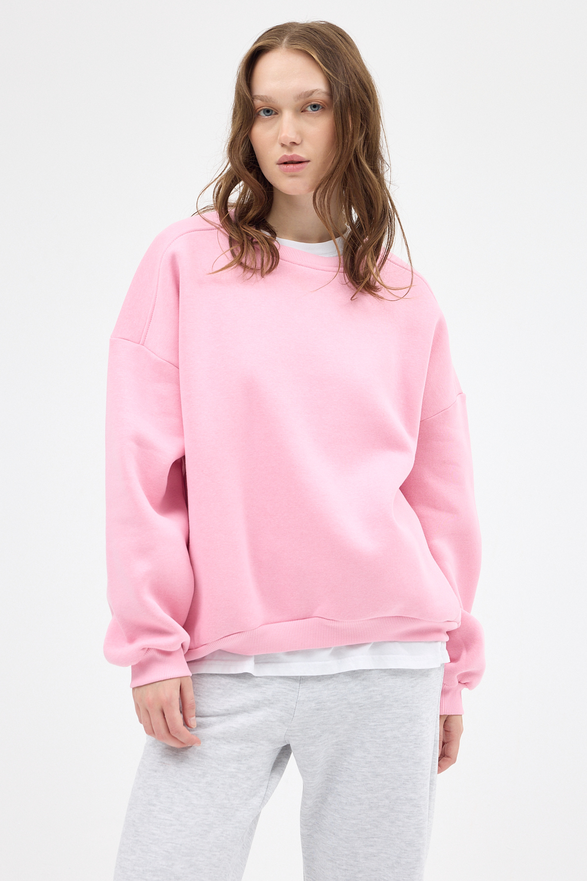 Kadın Pamuklu İçi Polarlı Oversize Yuvarlak Yakalı Pembe Sweatshirt 9152M 