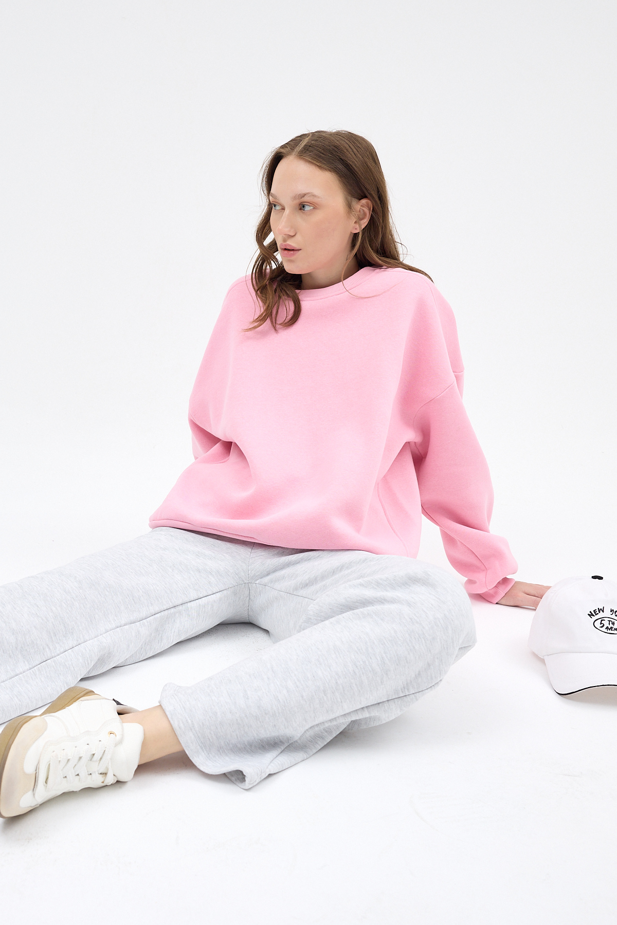 Kadın Pamuklu İçi Polarlı Oversize Yuvarlak Yakalı Pembe Sweatshirt 9152M - 6