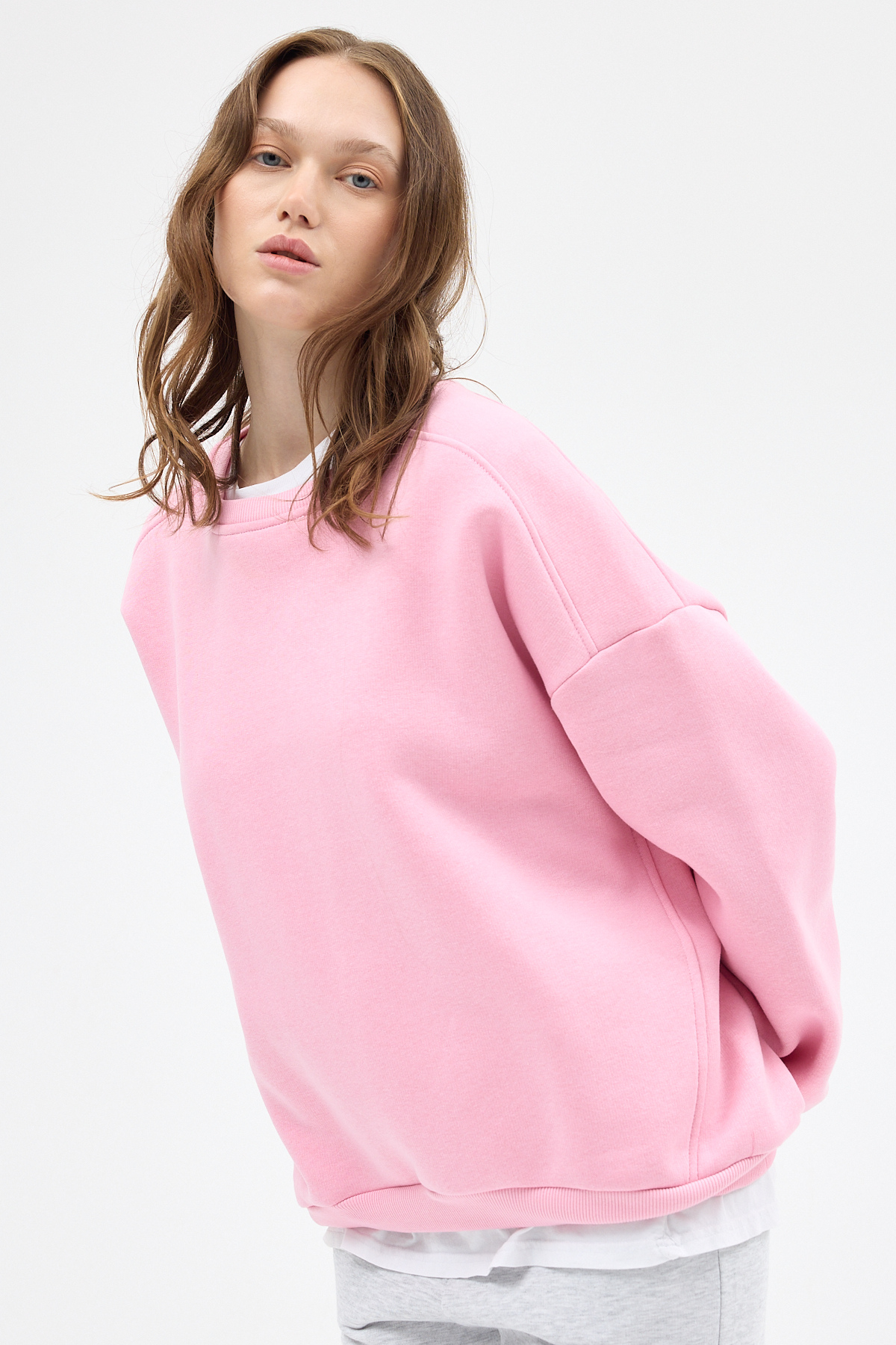Kadın Pamuklu İçi Polarlı Oversize Yuvarlak Yakalı Pembe Sweatshirt 9152M - 2