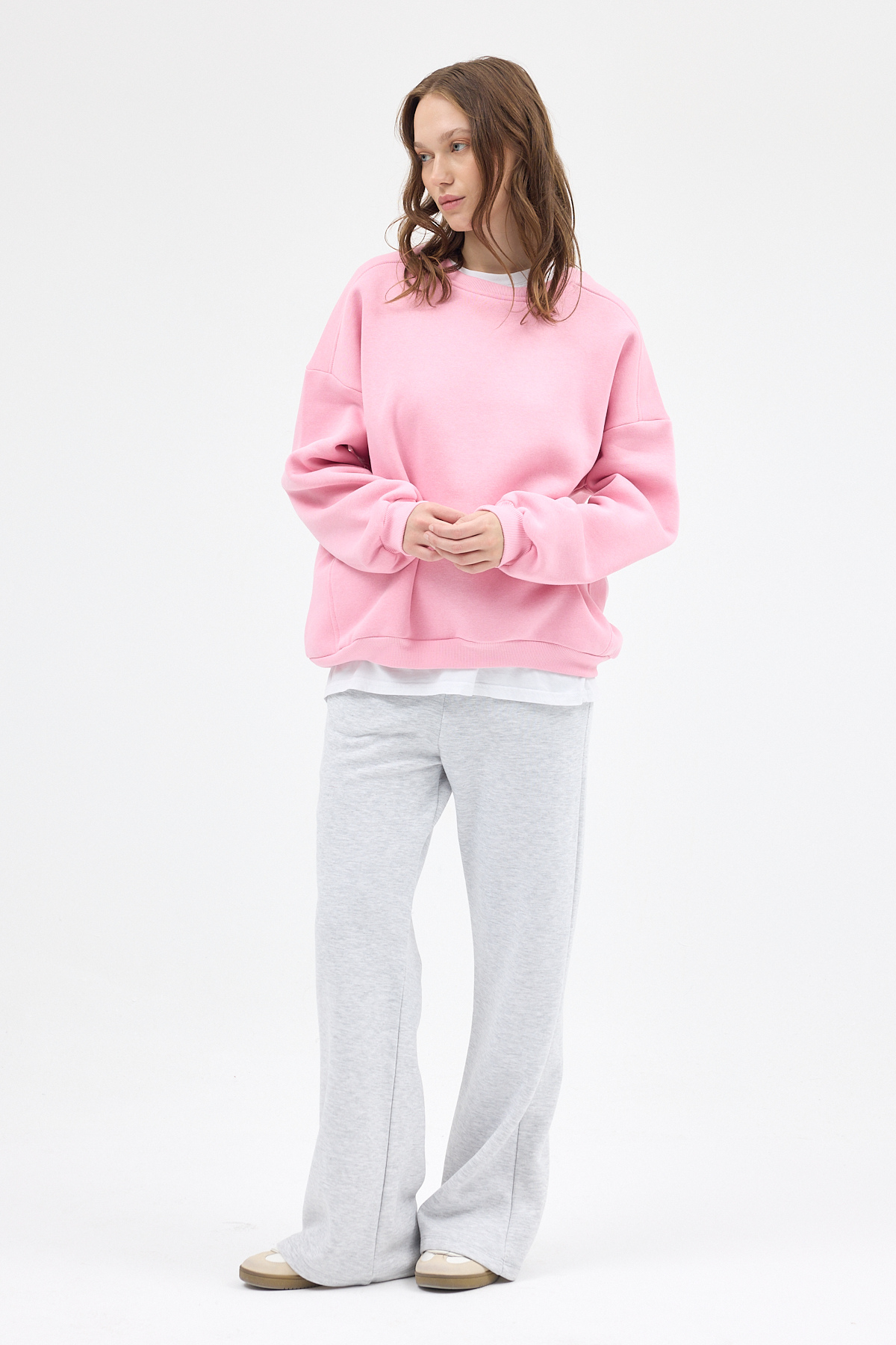 Kadın Pamuklu İçi Polarlı Oversize Yuvarlak Yakalı Pembe Sweatshirt 9152M - 3